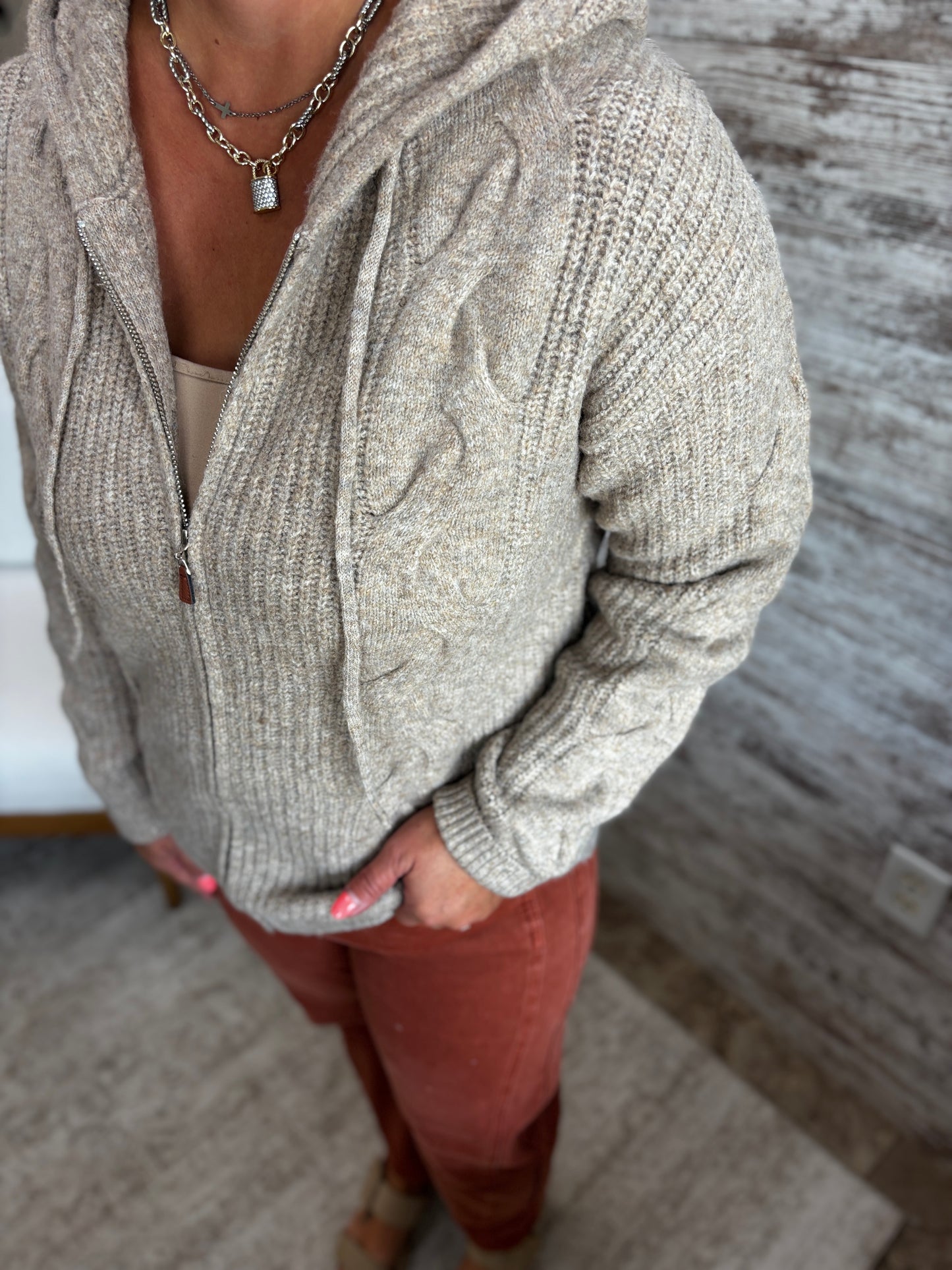 Latte Zip Up Hooded Cardigan