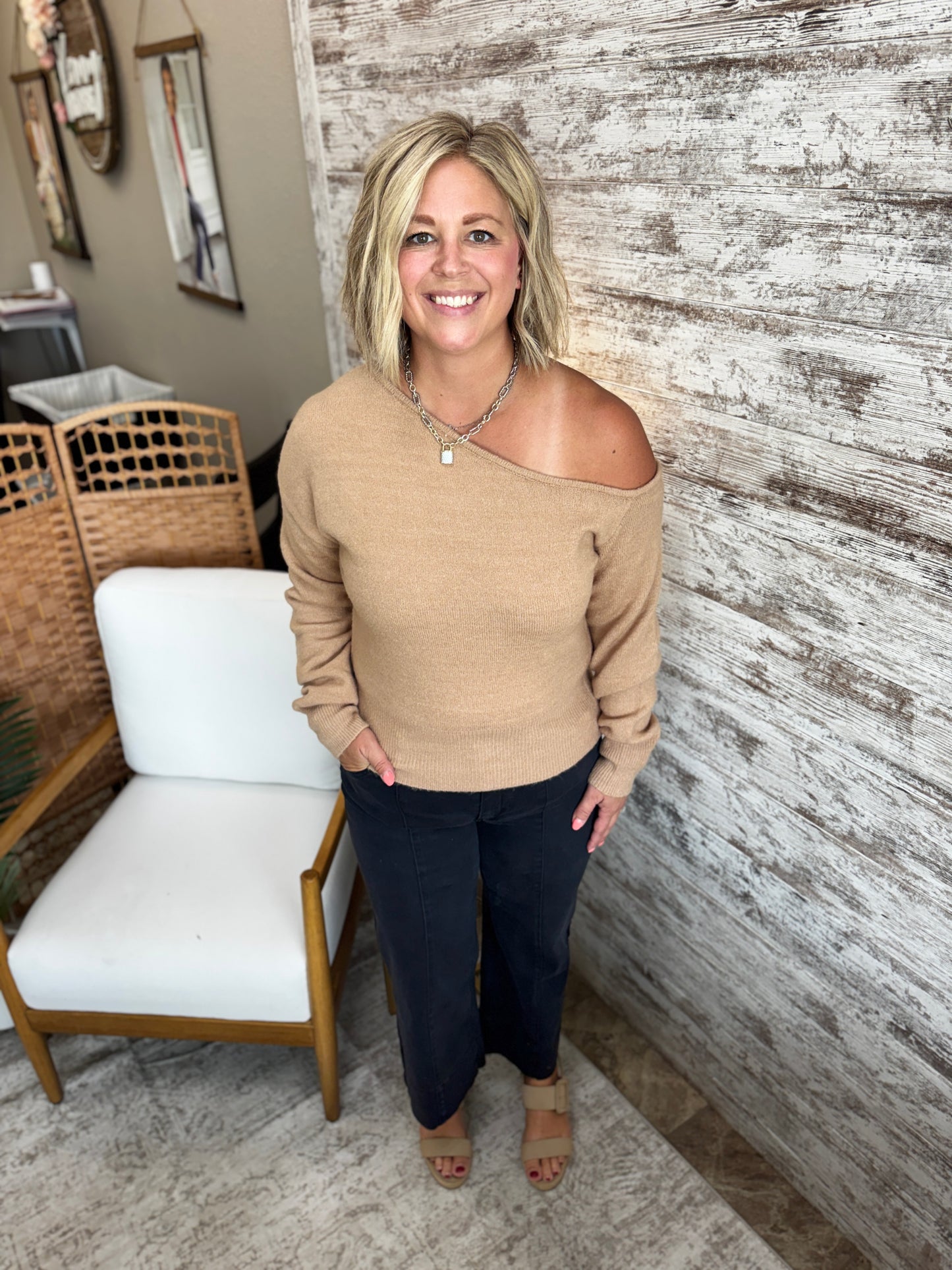 Dark Taupe Asymmetric Off Shoulder Sweater