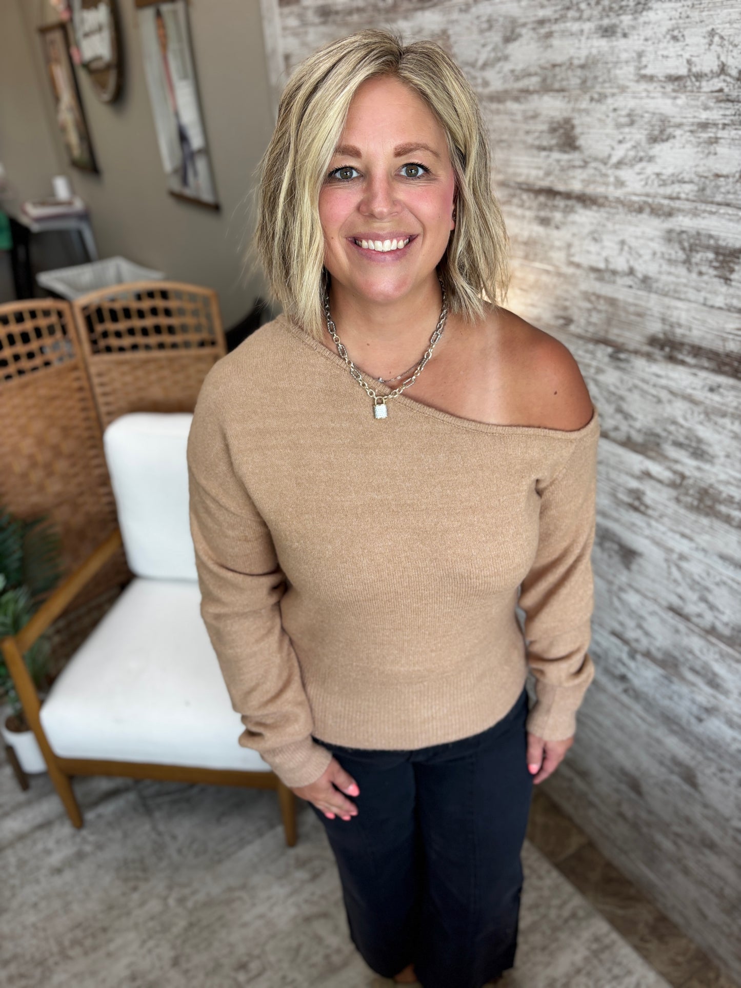 Dark Taupe Asymmetric Off Shoulder Sweater