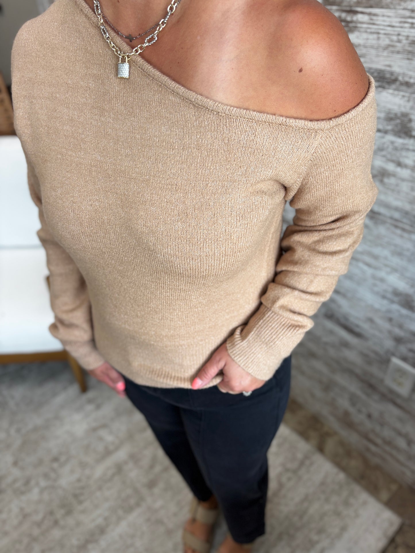 Dark Taupe Asymmetric Off Shoulder Sweater