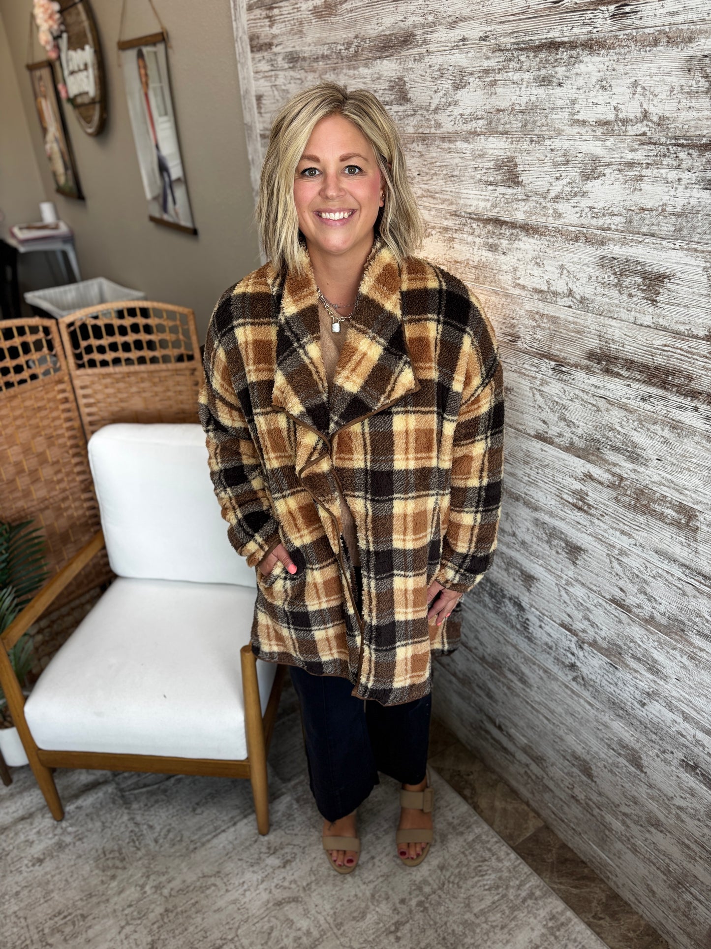 Brown Plaid Teddy Coat