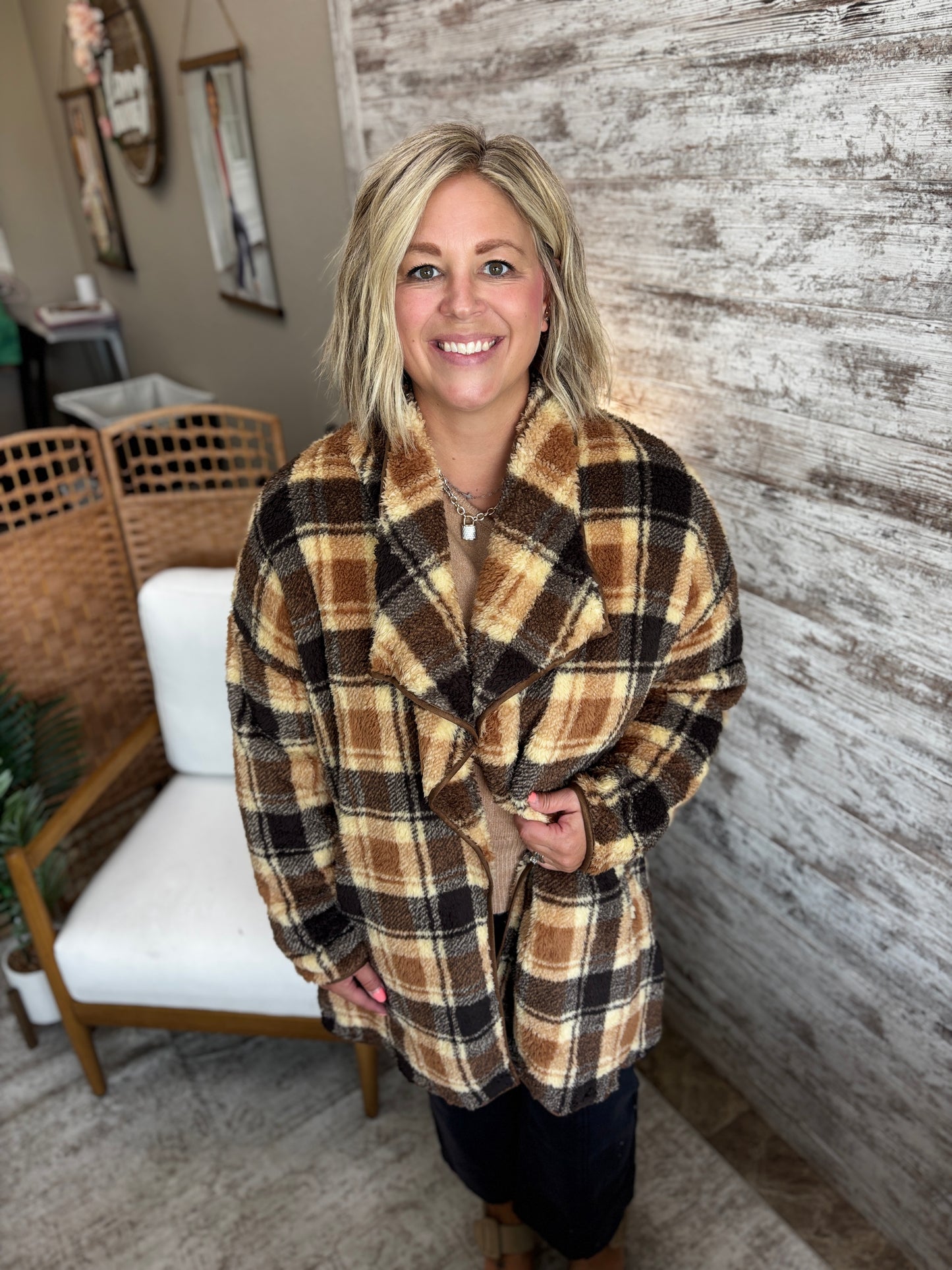 Brown Plaid Teddy Coat