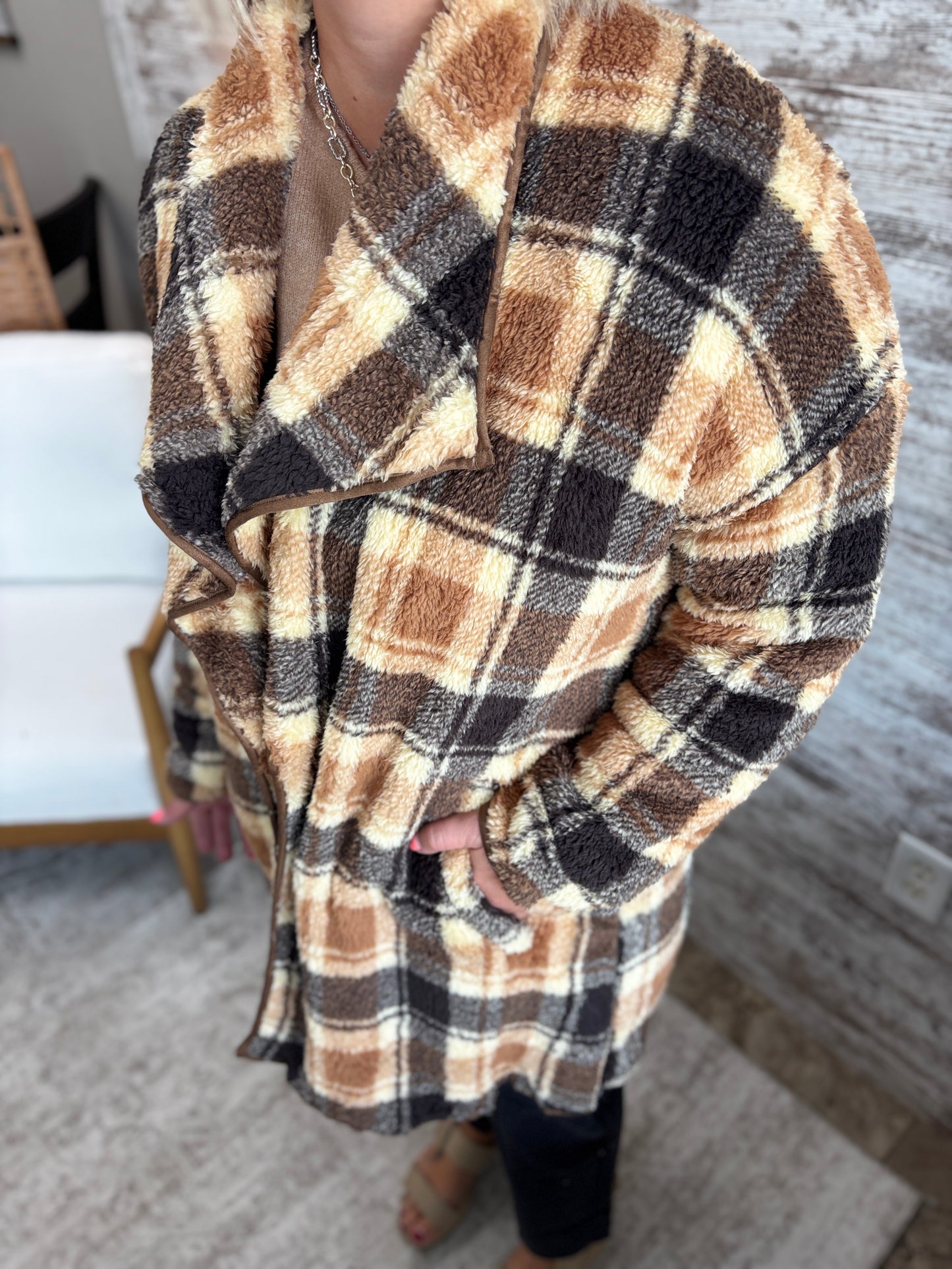 Brown Plaid Teddy Coat
