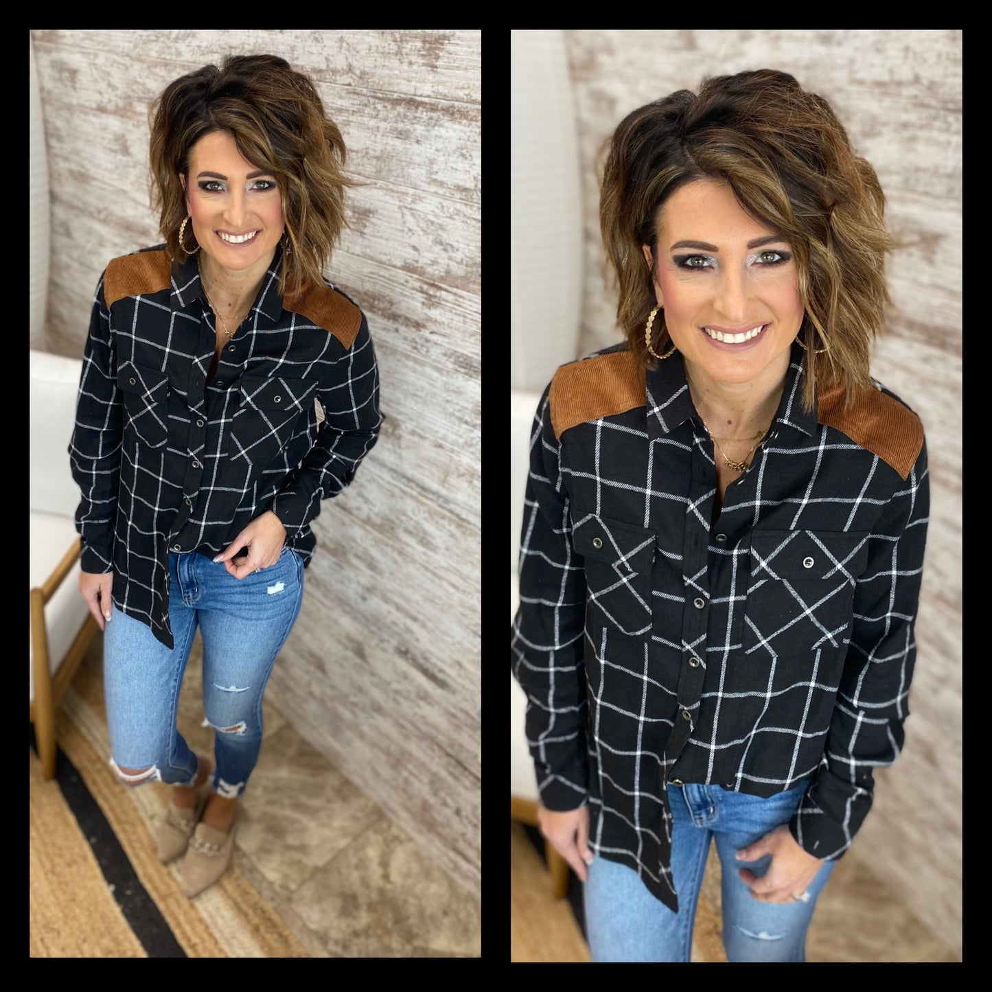 Black Plaid Button Shirt with Elbow Patch