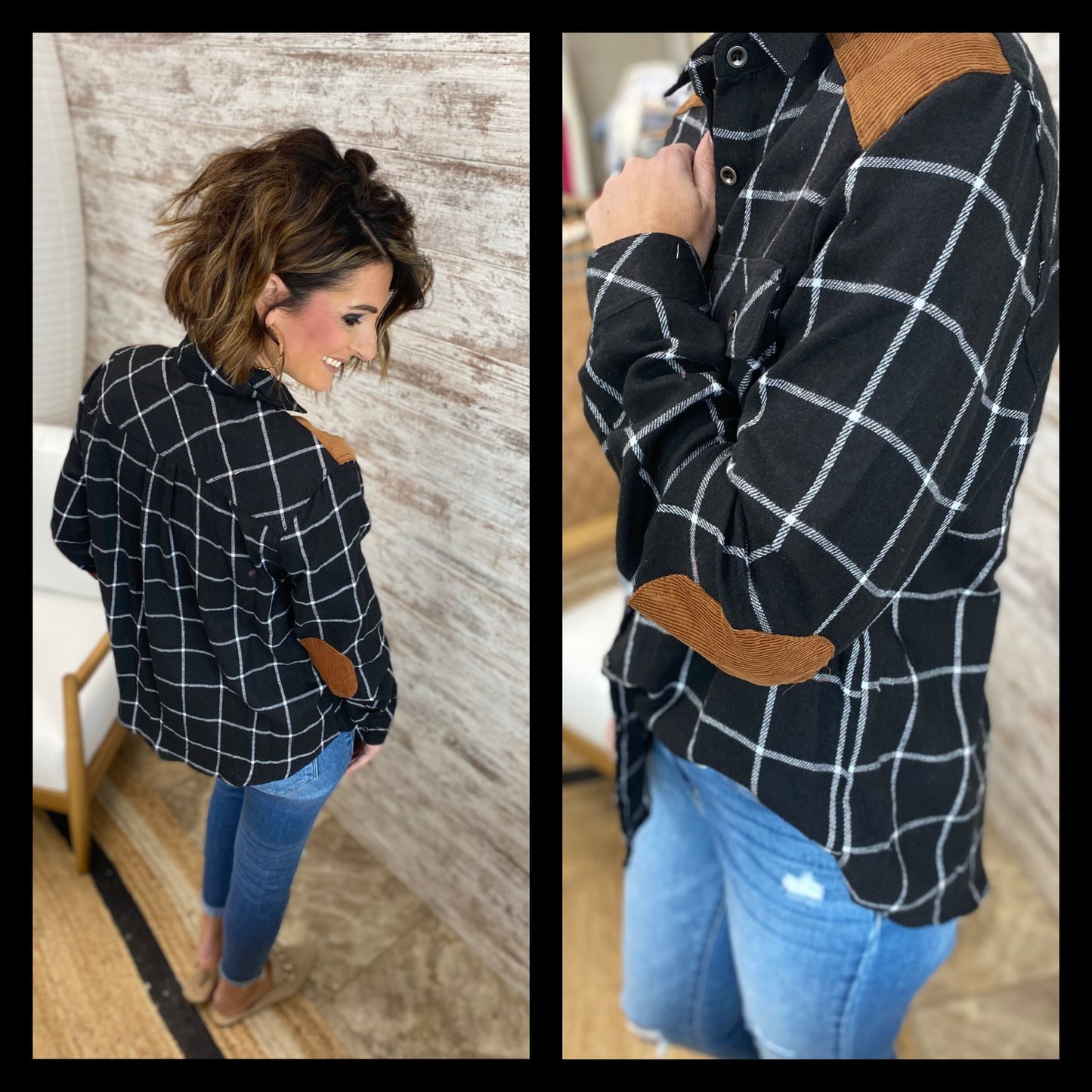 Black Plaid Button Shirt with Elbow Patch