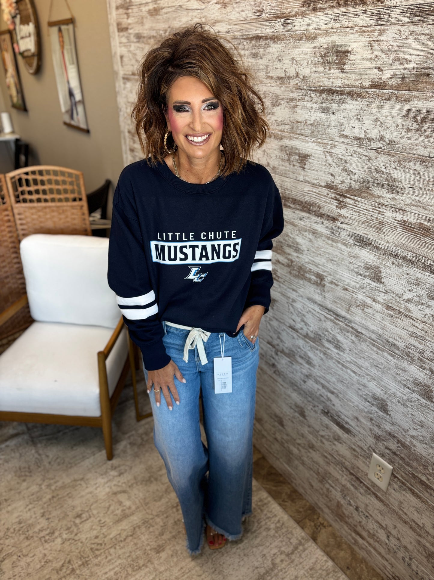 Little Chute Enza Varsity Stripe Navy Crew~ Ladies