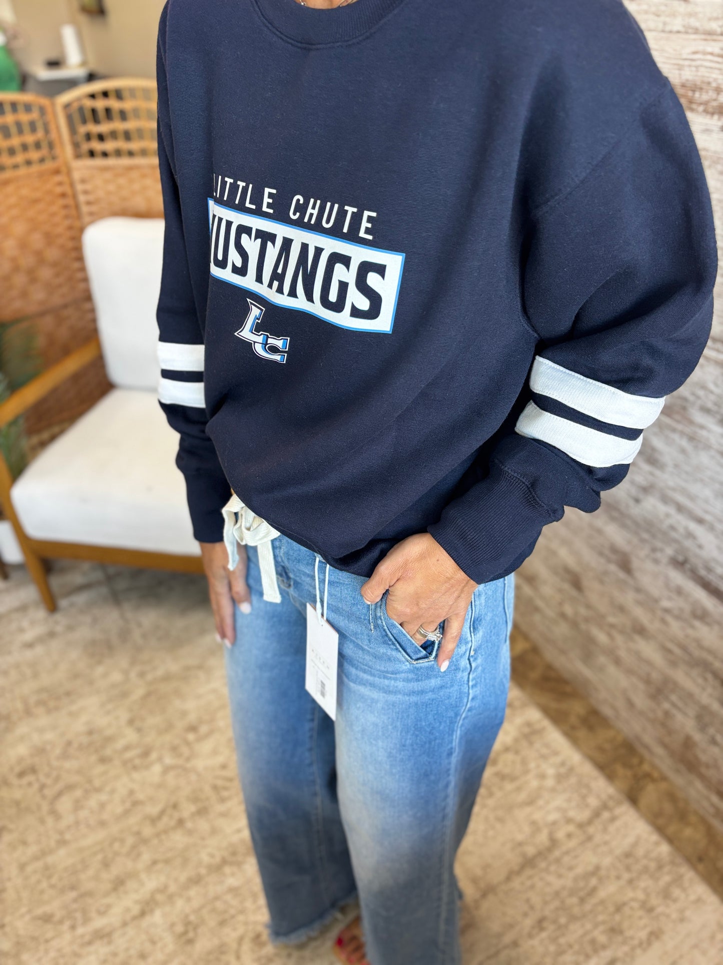 Little Chute Enza Varsity Stripe Navy Crew~ Ladies