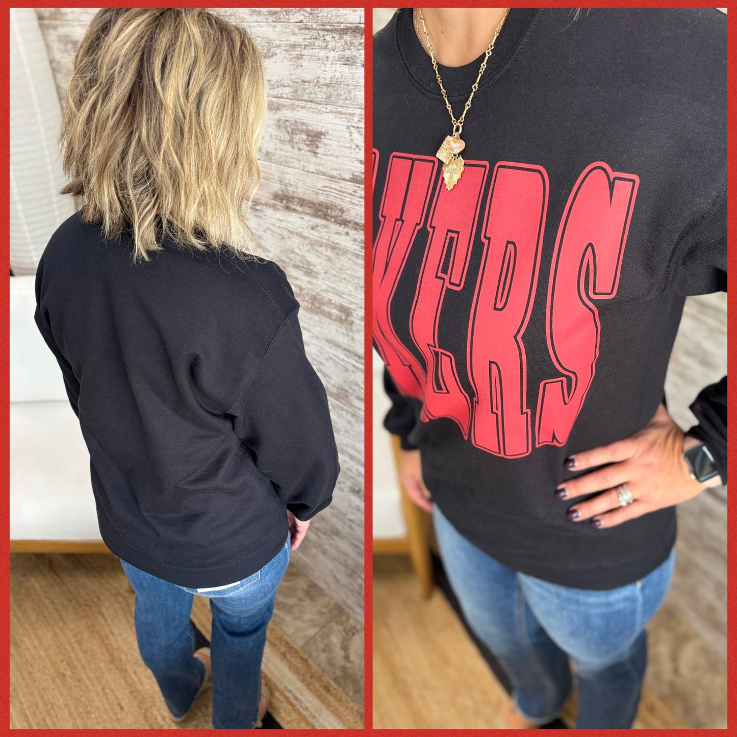 MAKERS Large Sports Print Black Crewneck