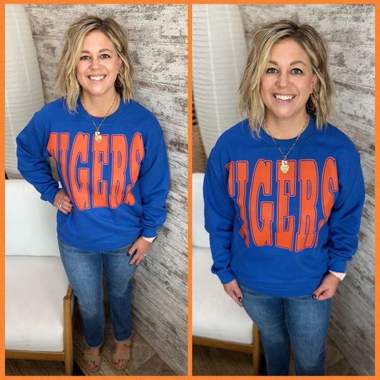 TIGERS Large Sports Print Royal Crewneck