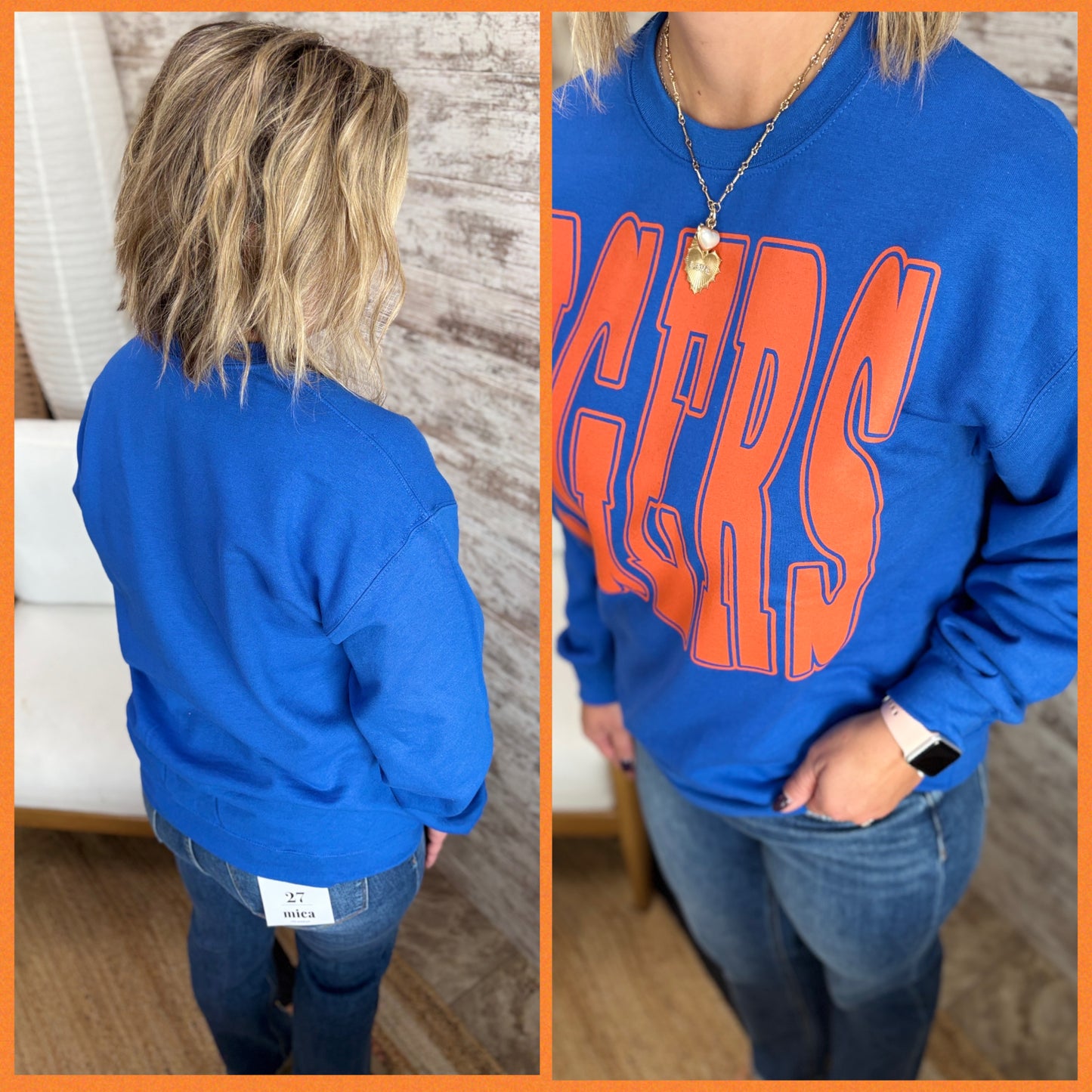 TIGERS Large Sports Print Royal Crewneck