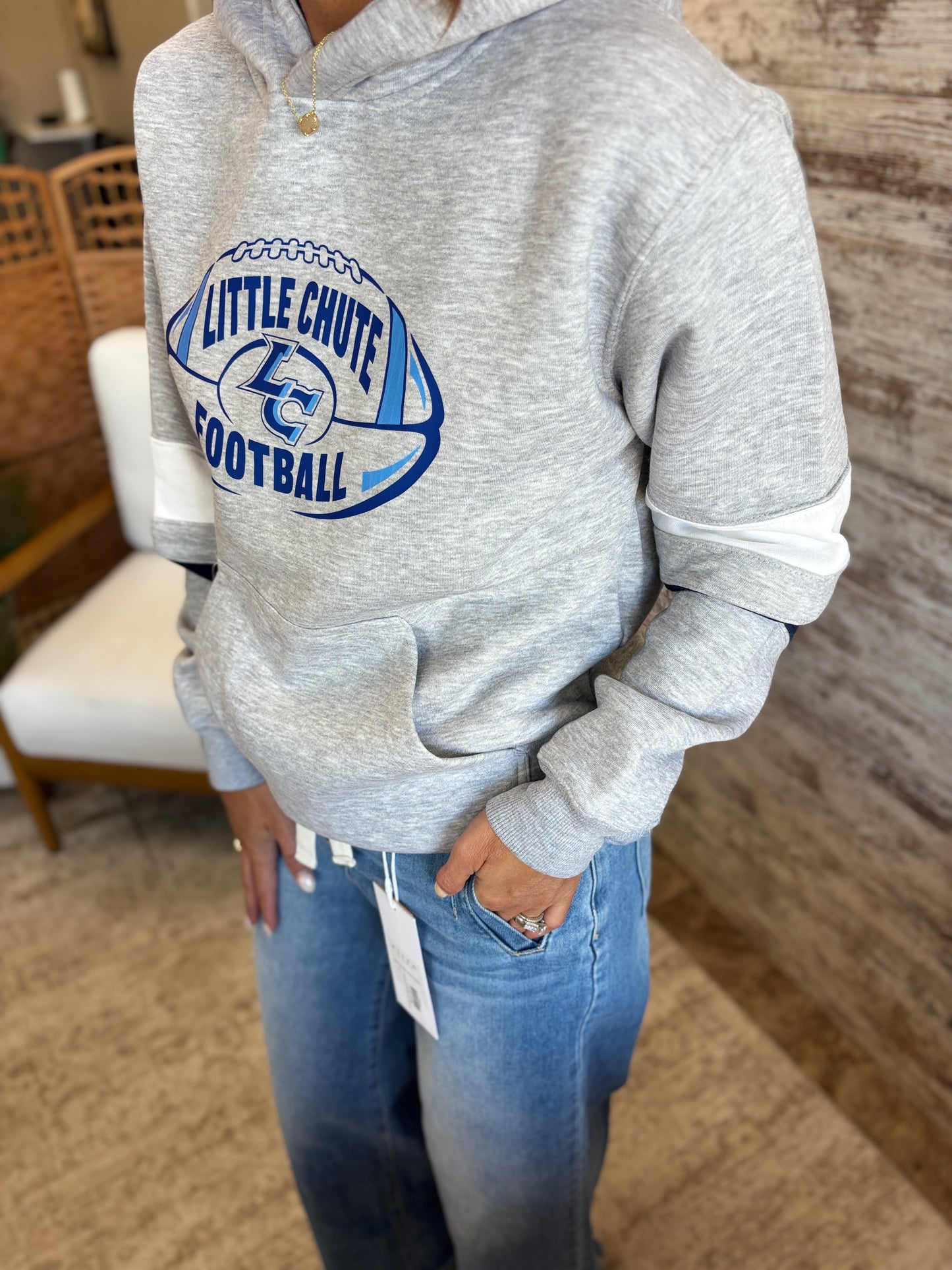 Little Chute Football Navy and White Stripe Pennant Hoodie ~ Unisex