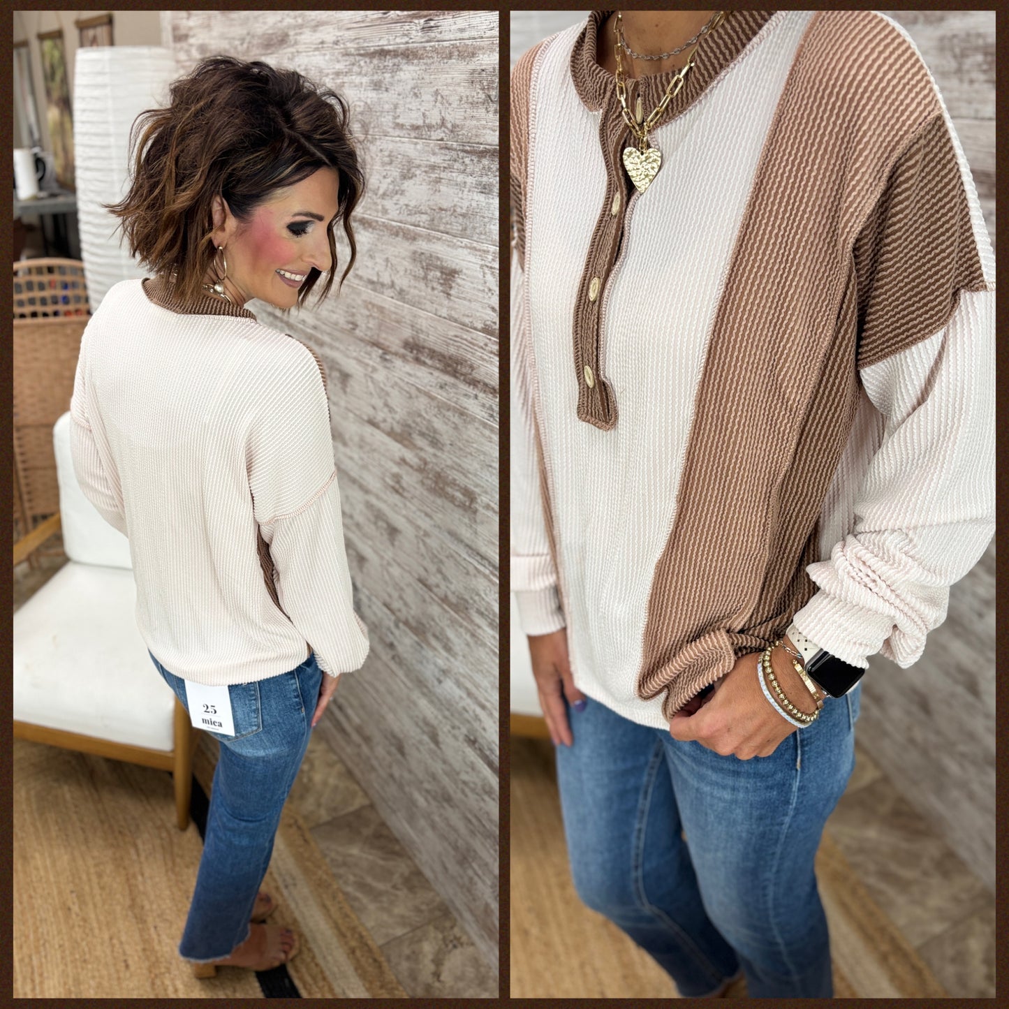 Ivory/Chestnut Colorblock ribbed Long Sleeve