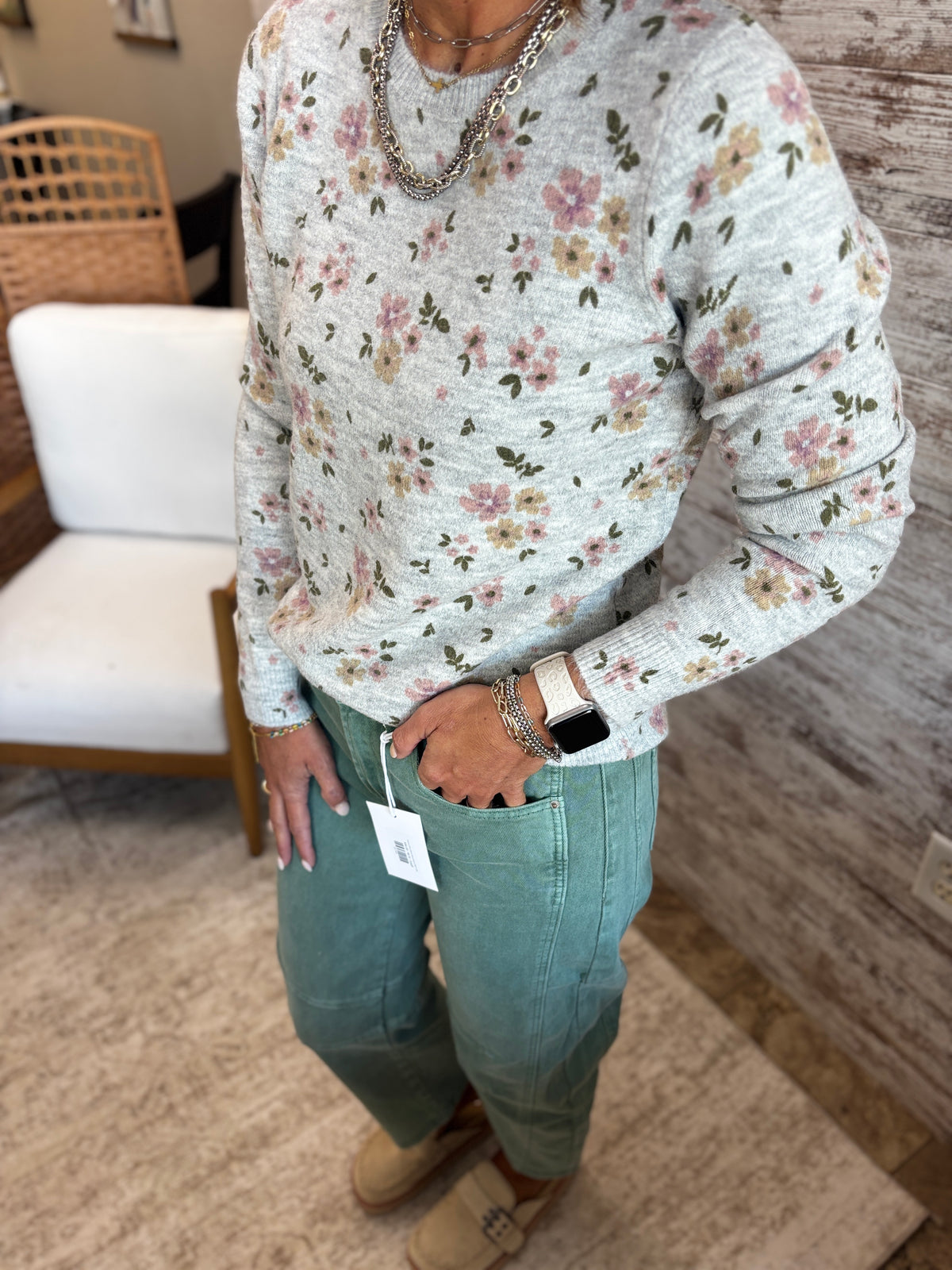 Heather Grey Floral Printed Sweater