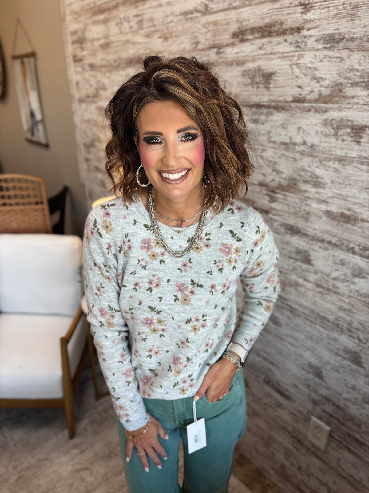 Heather Grey Floral Printed Sweater