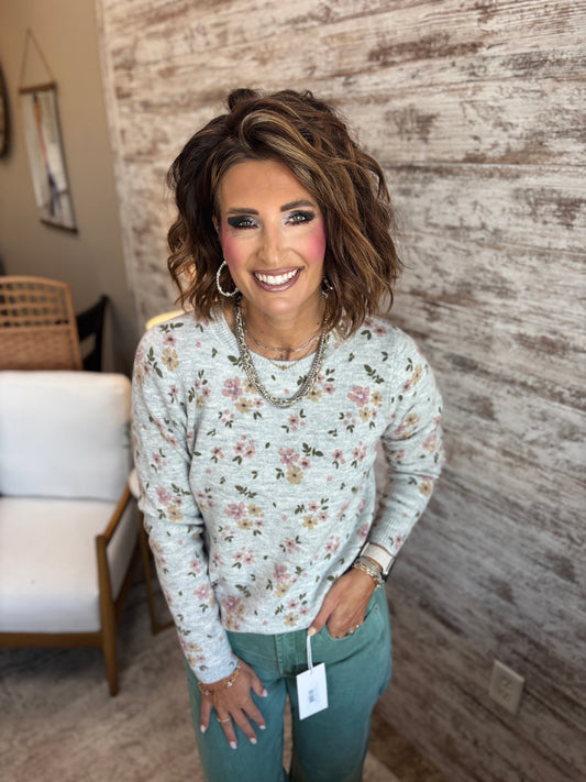 Heather Grey Floral Printed Sweater