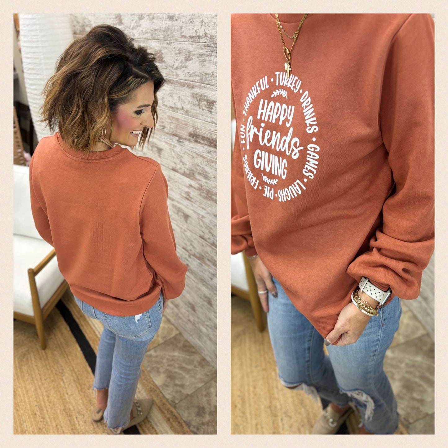 Happy Friendsgiving Baked Clay Enza Balloon Sleeve Crewneck