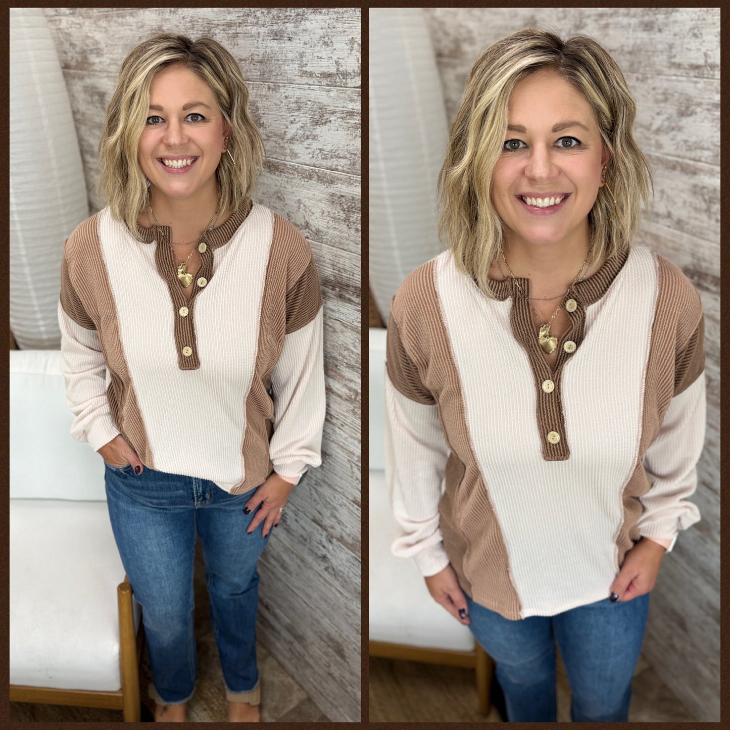 Ivory/Chestnut Colorblock ribbed Long Sleeve