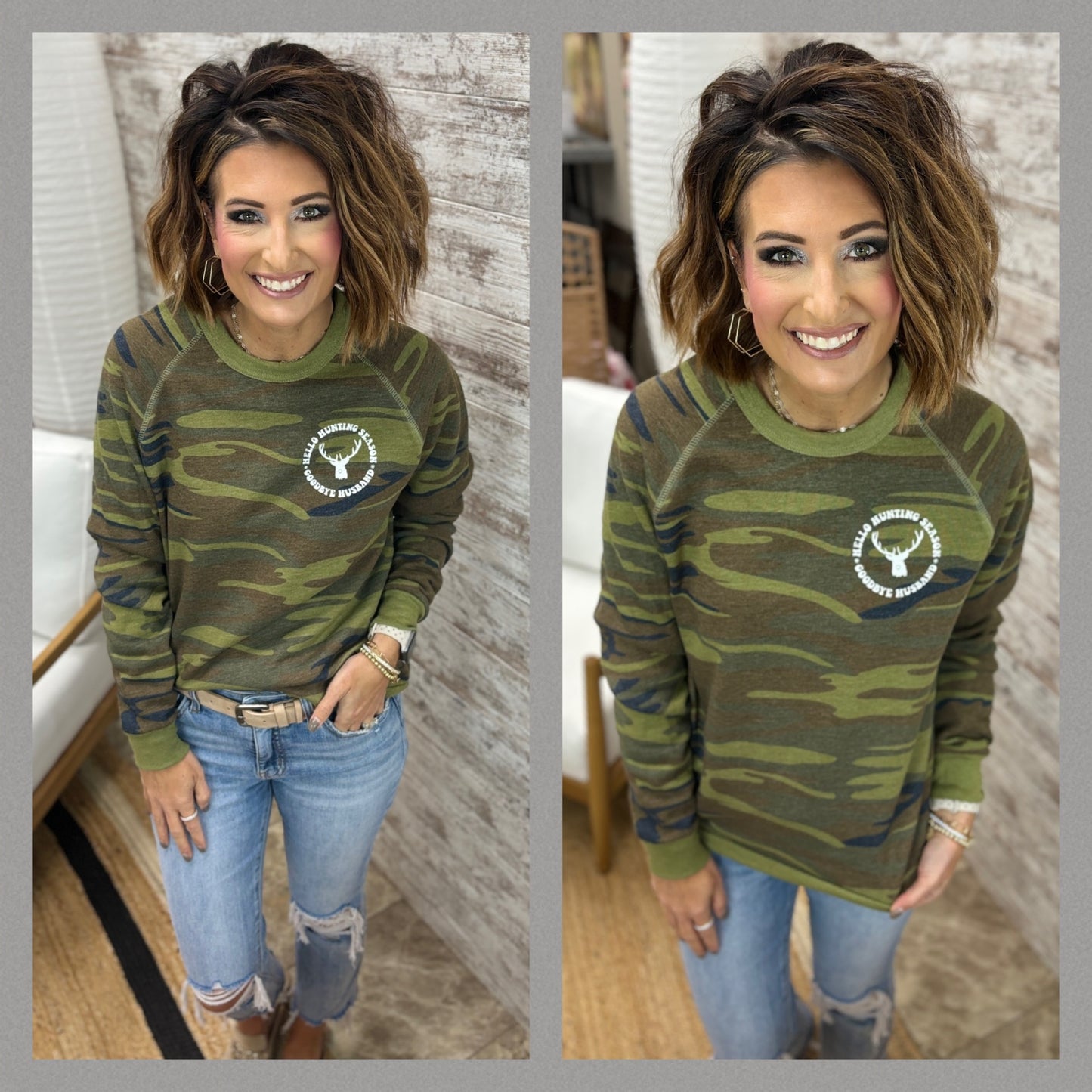 Camo Eco Fleece Goodbye Husband Hunting Crewneck