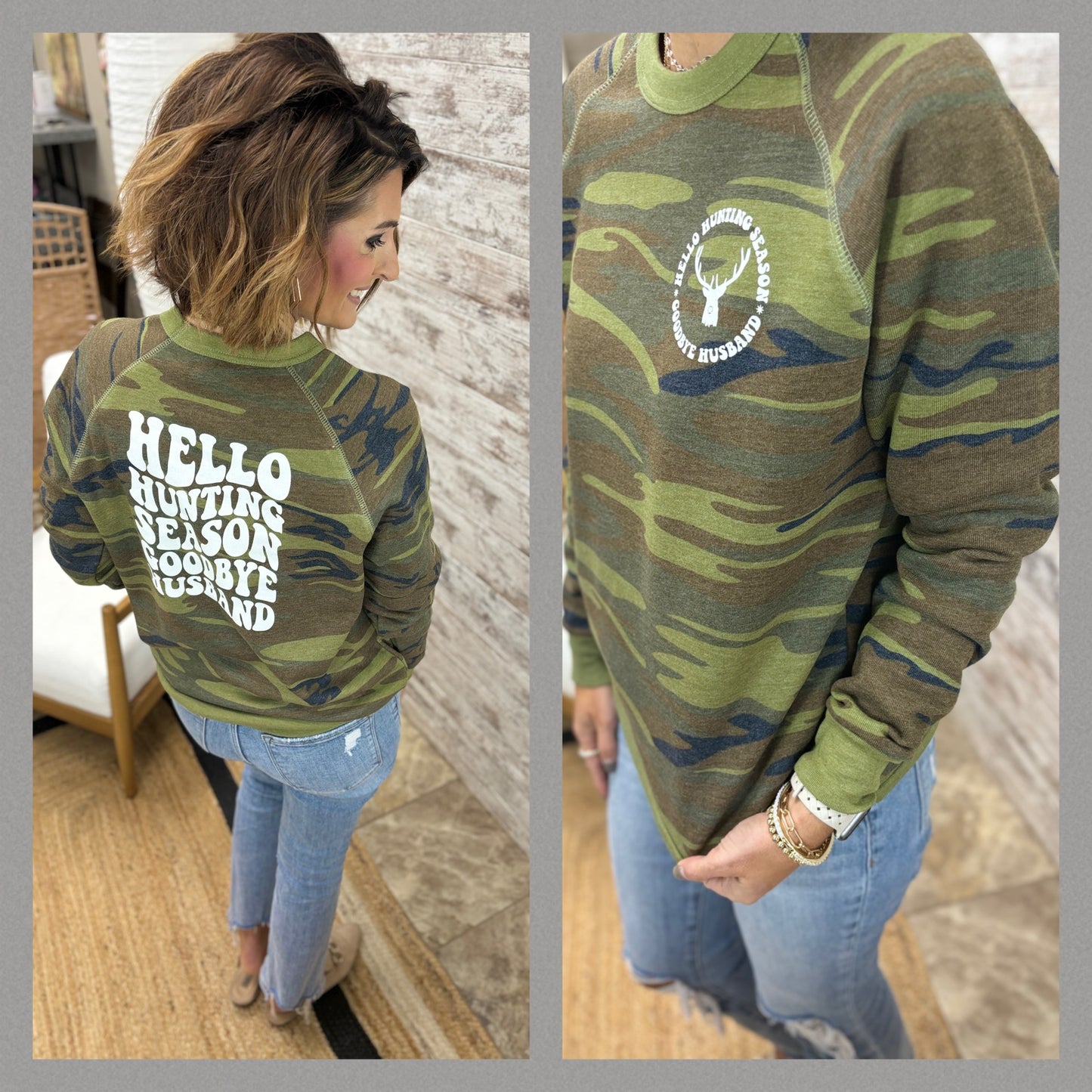 Camo Eco Fleece Goodbye Husband Hunting Crewneck