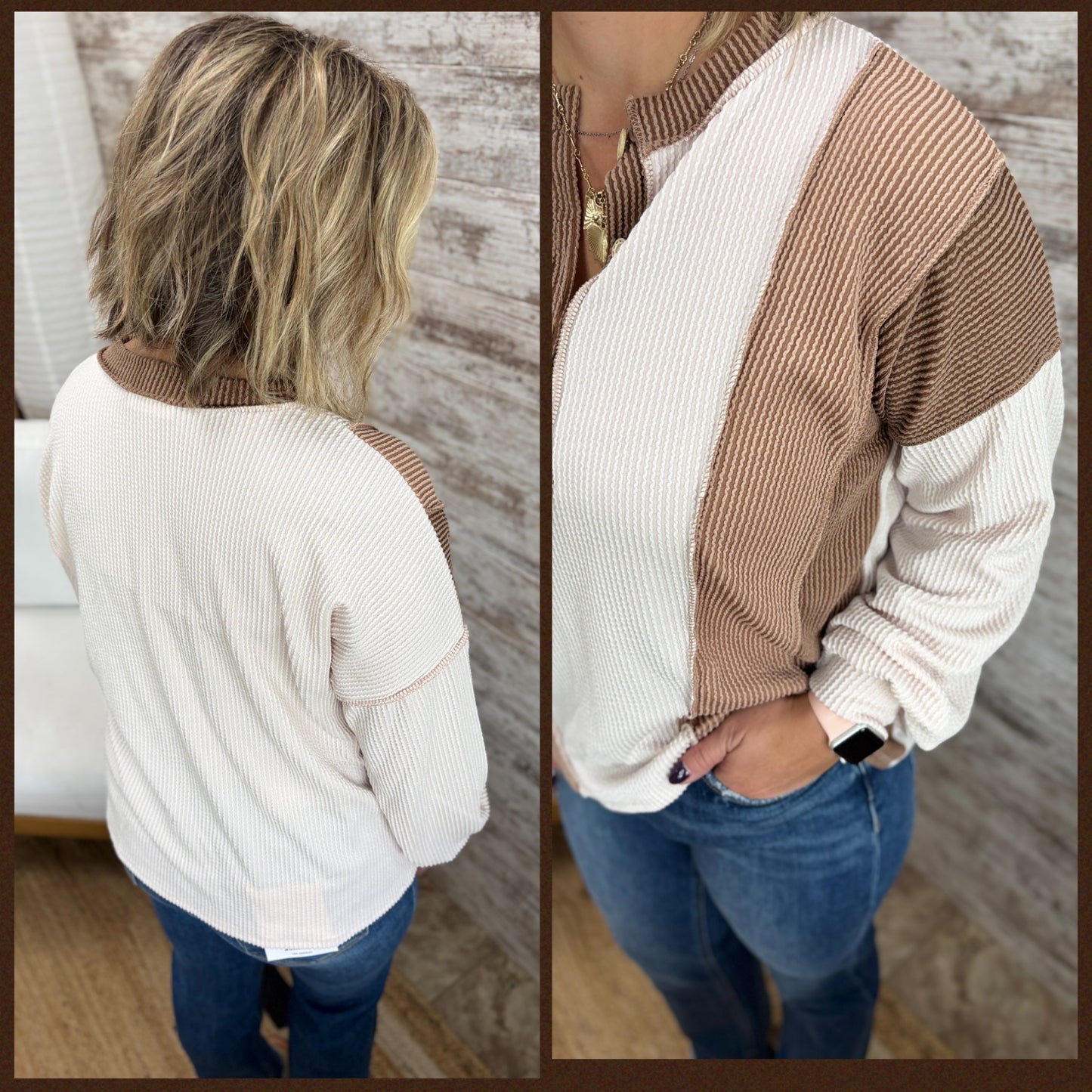 Ivory/Chestnut Colorblock ribbed Long Sleeve