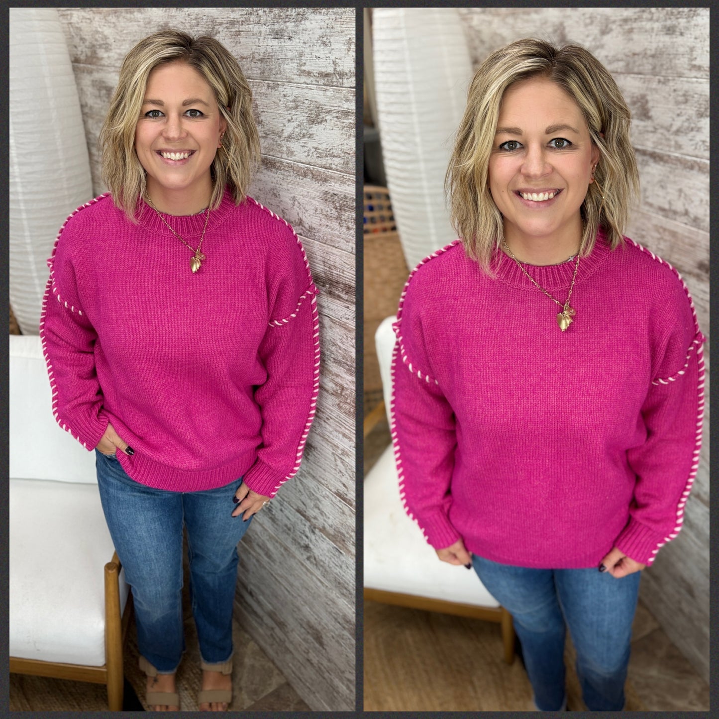 Fuschia Sweater with Contract Stitching