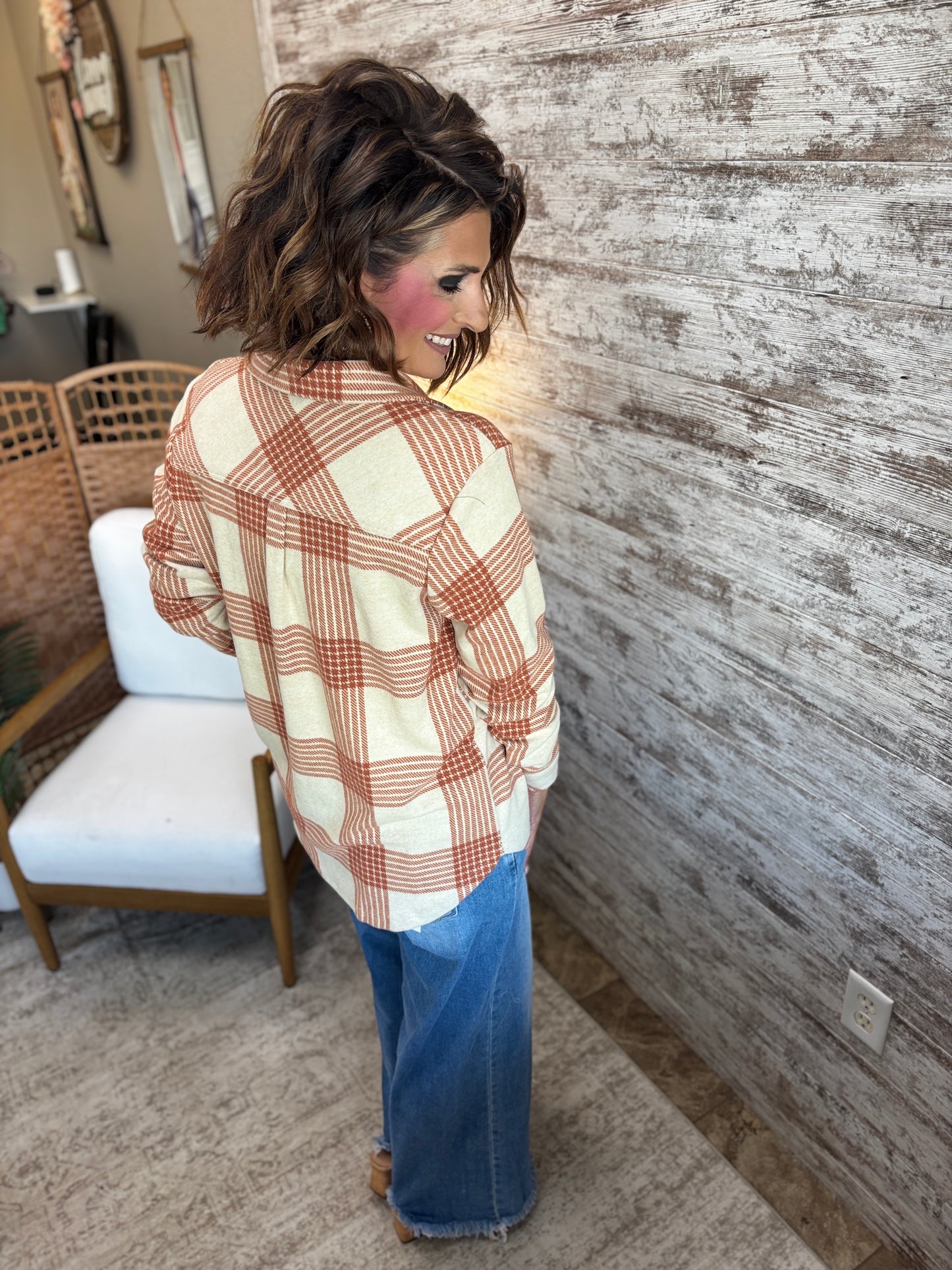 Cream and Rust Plaid Button Down