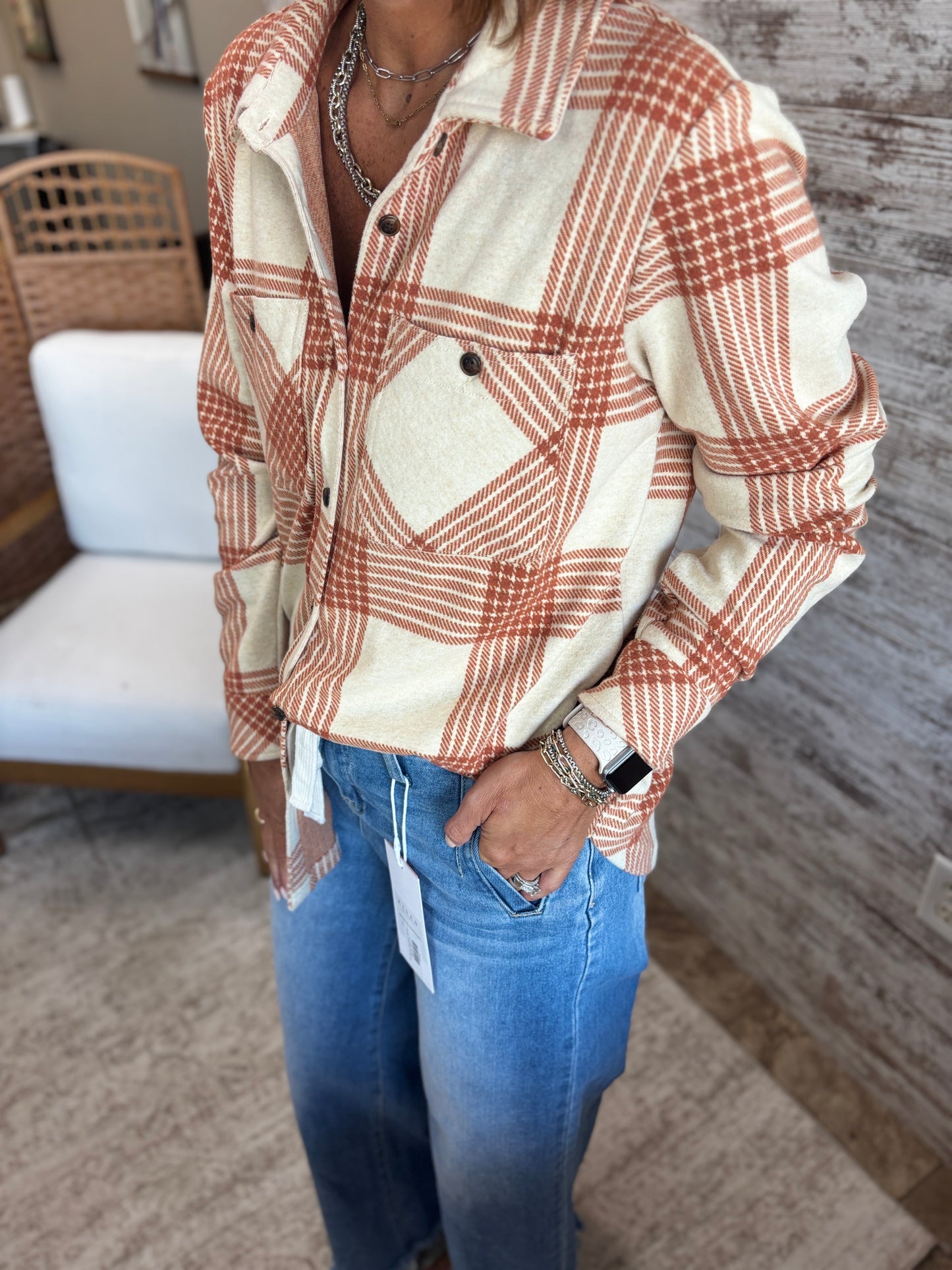 Cream and Rust Plaid Button Down