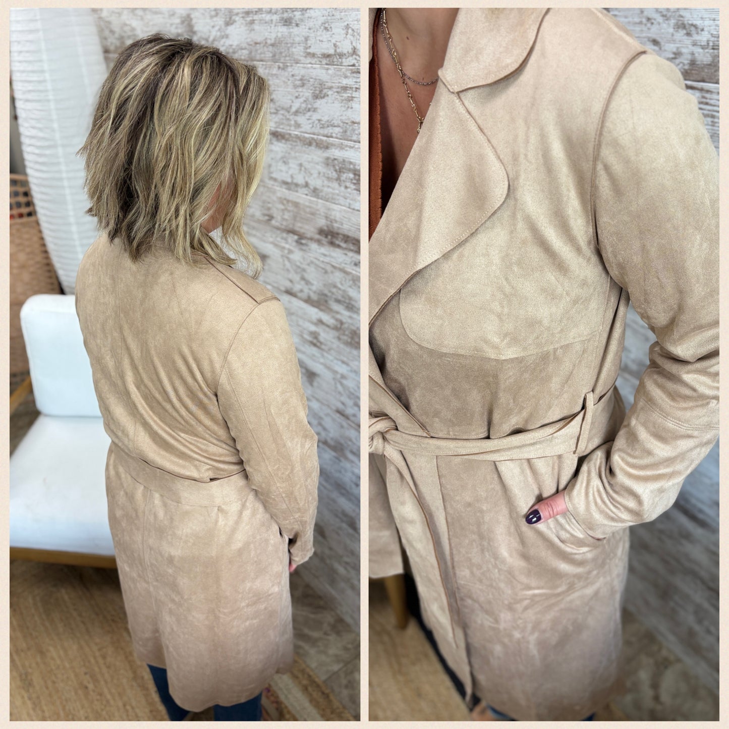 Camel Microsuede Belted Trench Coat