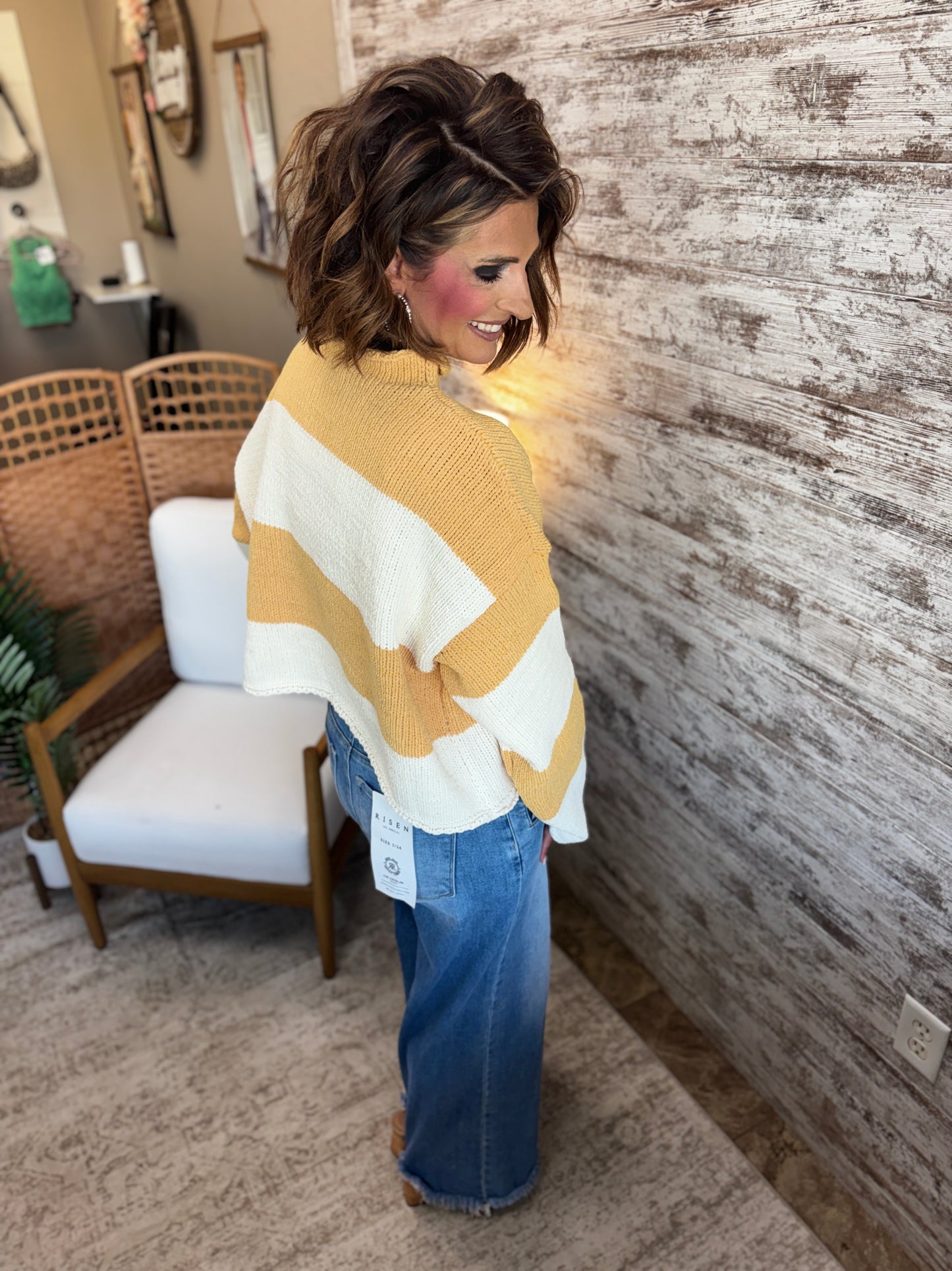 Mustard/Ivory Striped Mock Neck Sweater