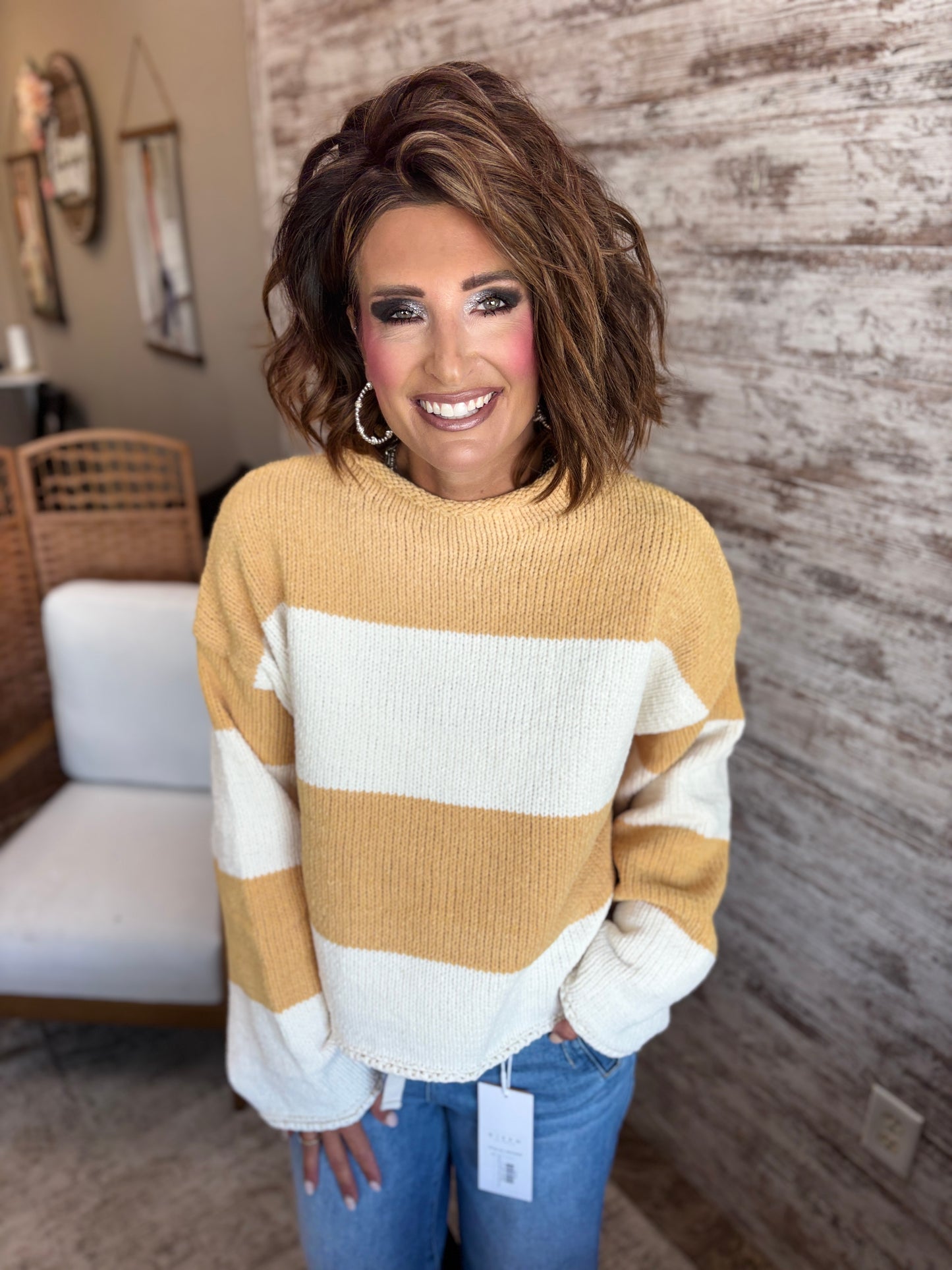 Mustard/Ivory Striped Mock Neck Sweater