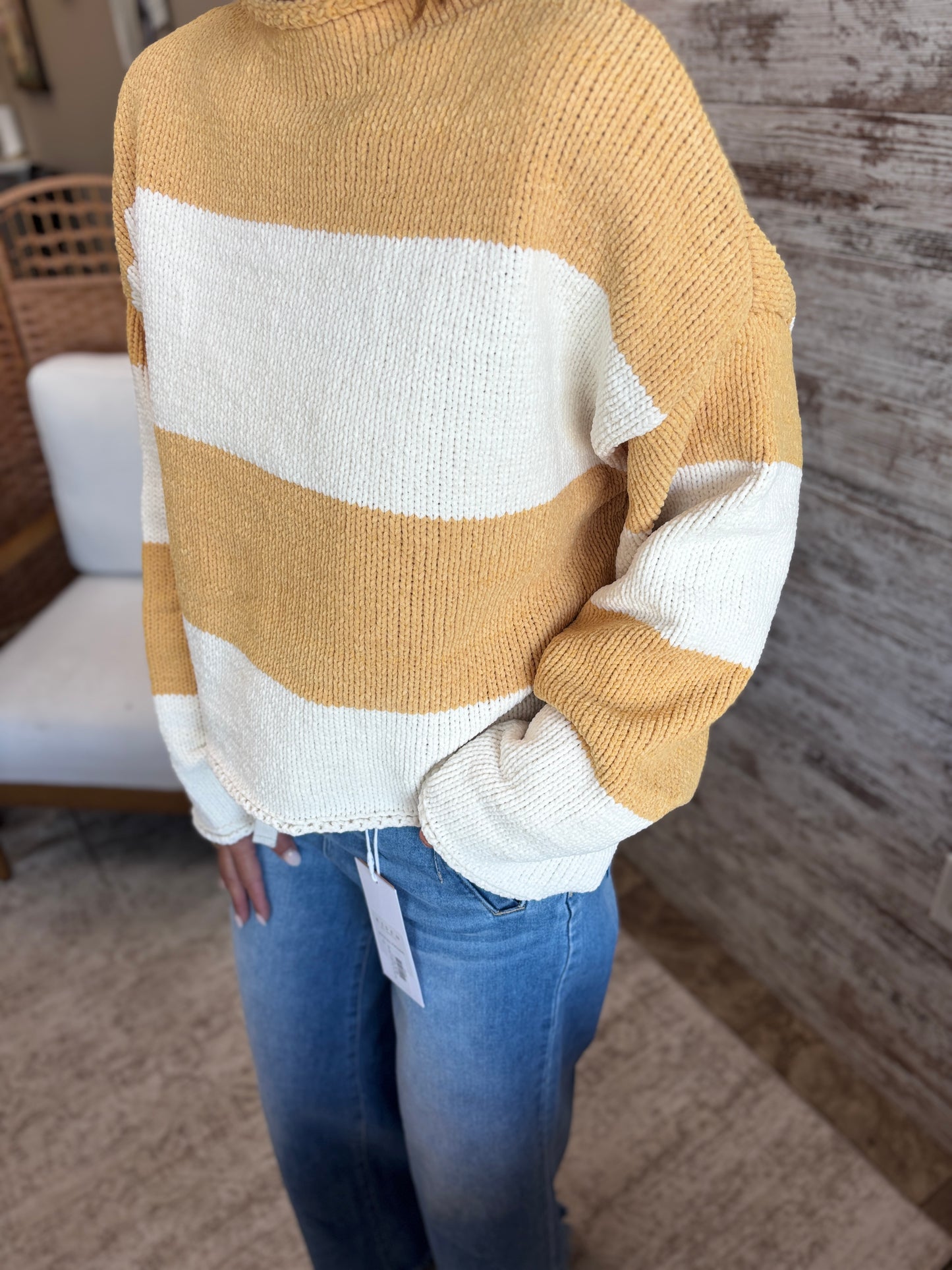 Mustard/Ivory Striped Mock Neck Sweater