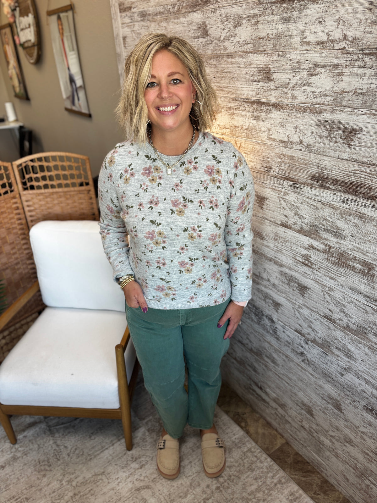Heather Grey Floral Printed Sweater