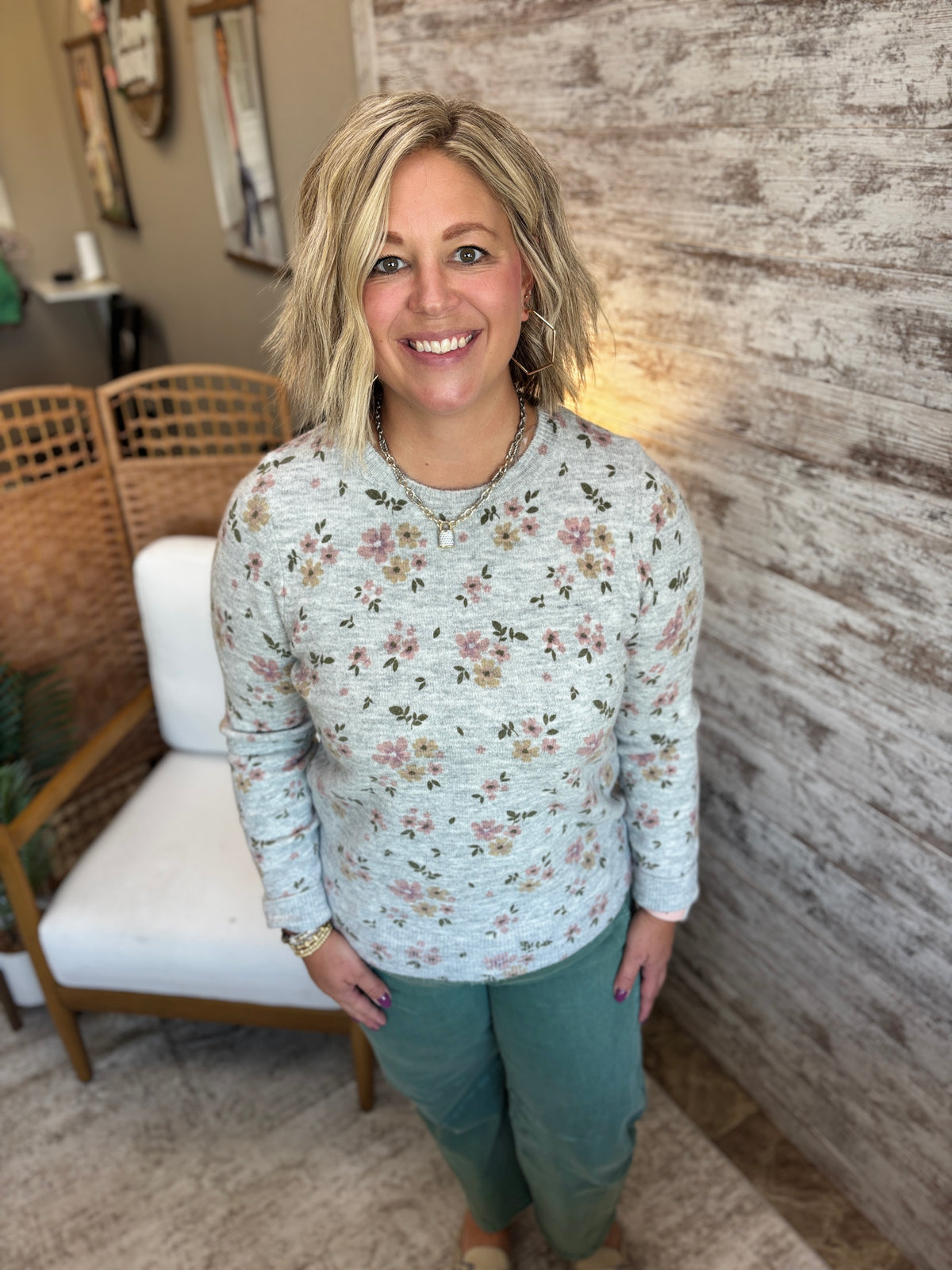 Heather Grey Floral Printed Sweater