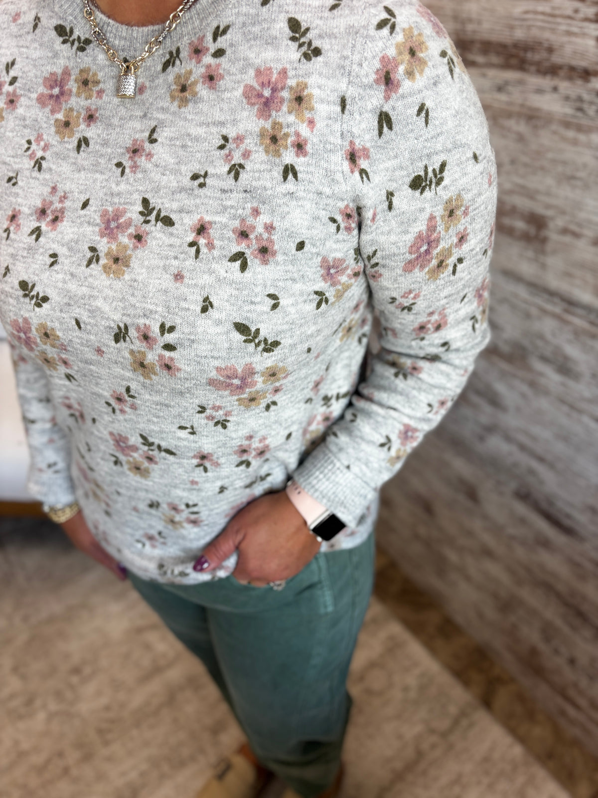 Heather Grey Floral Printed Sweater
