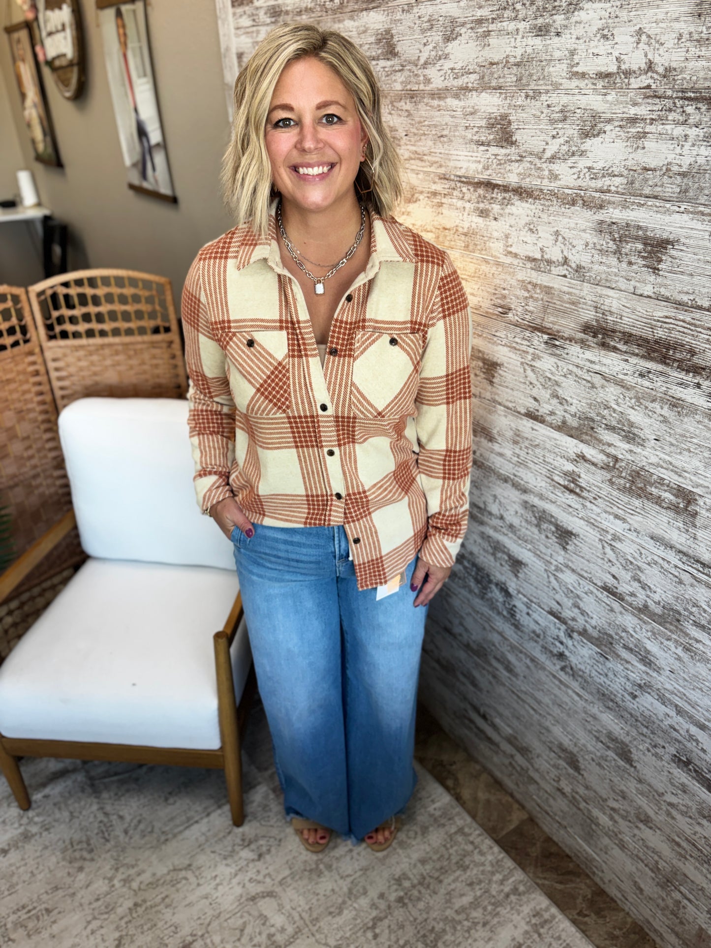 Cream and Rust Plaid Button Down