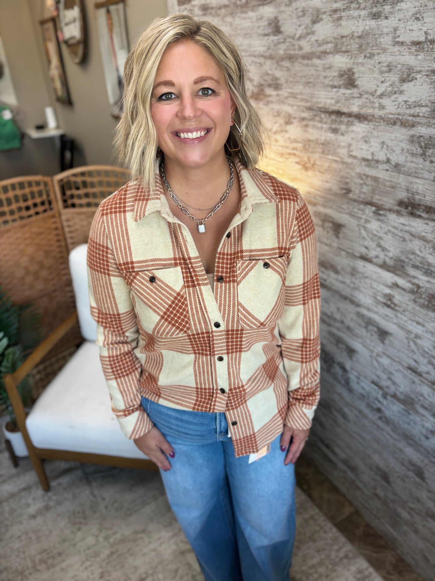Cream and Rust Plaid Button Down