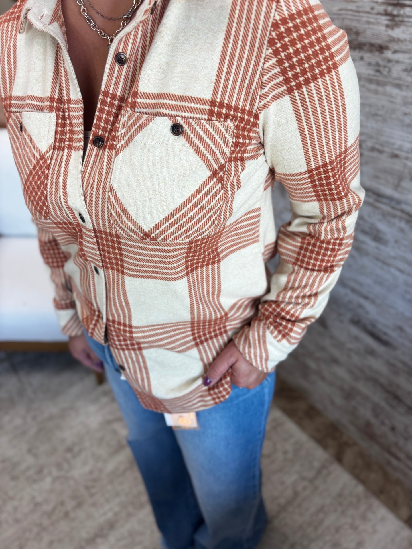 Cream and Rust Plaid Button Down