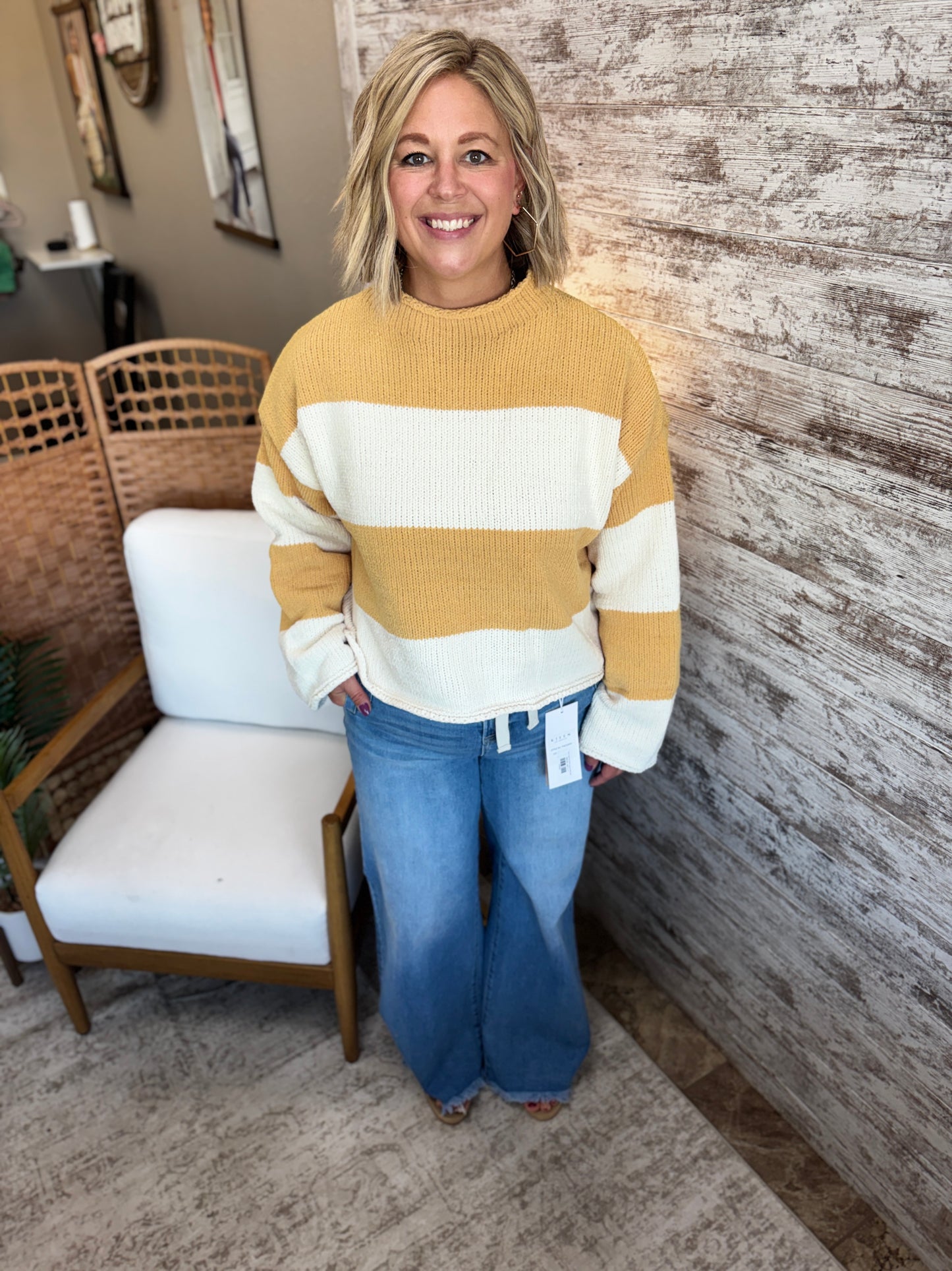Mustard/Ivory Striped Mock Neck Sweater