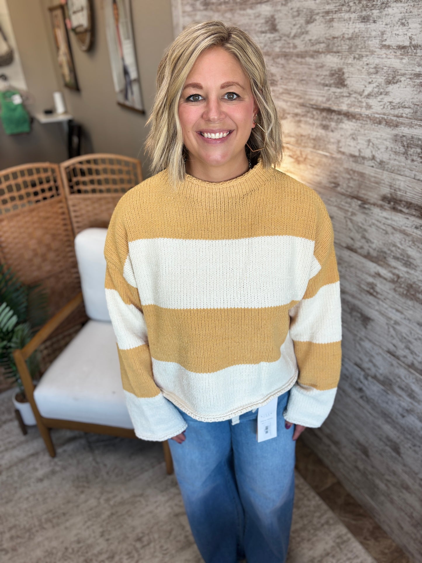 Mustard/Ivory Striped Mock Neck Sweater