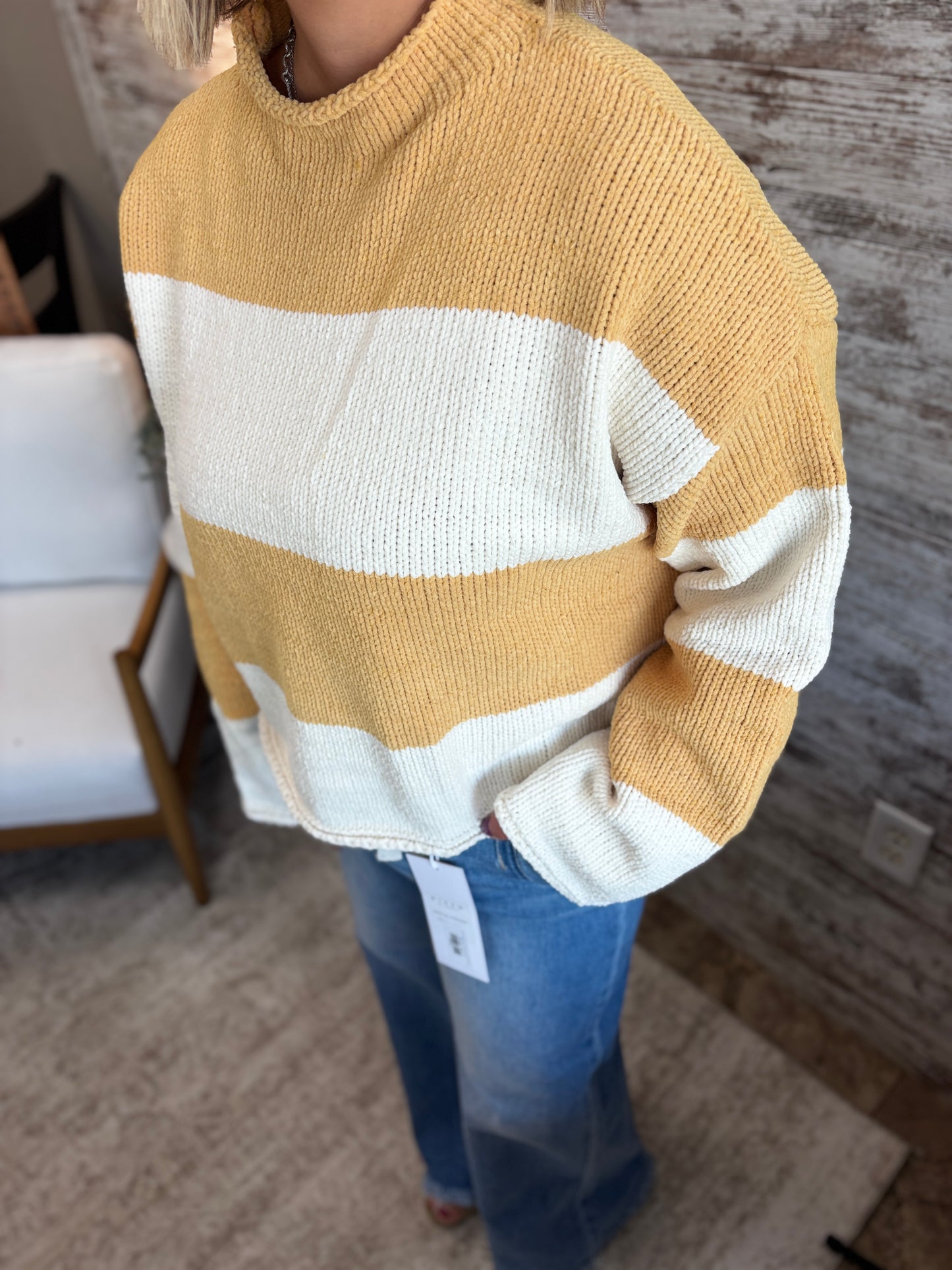 Mustard/Ivory Striped Mock Neck Sweater