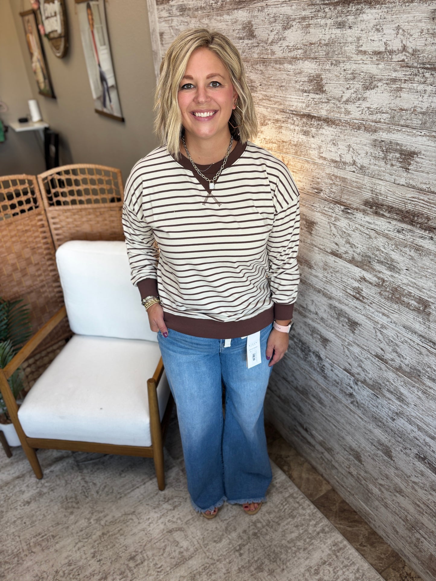 Sand Beige/Brown Striped Crew Neck
