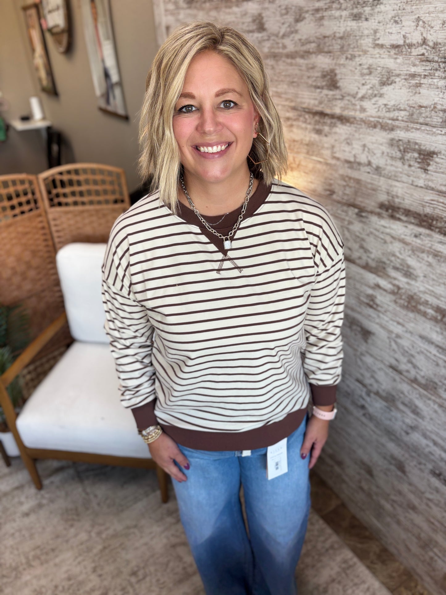 Sand Beige/Brown Striped Crew Neck