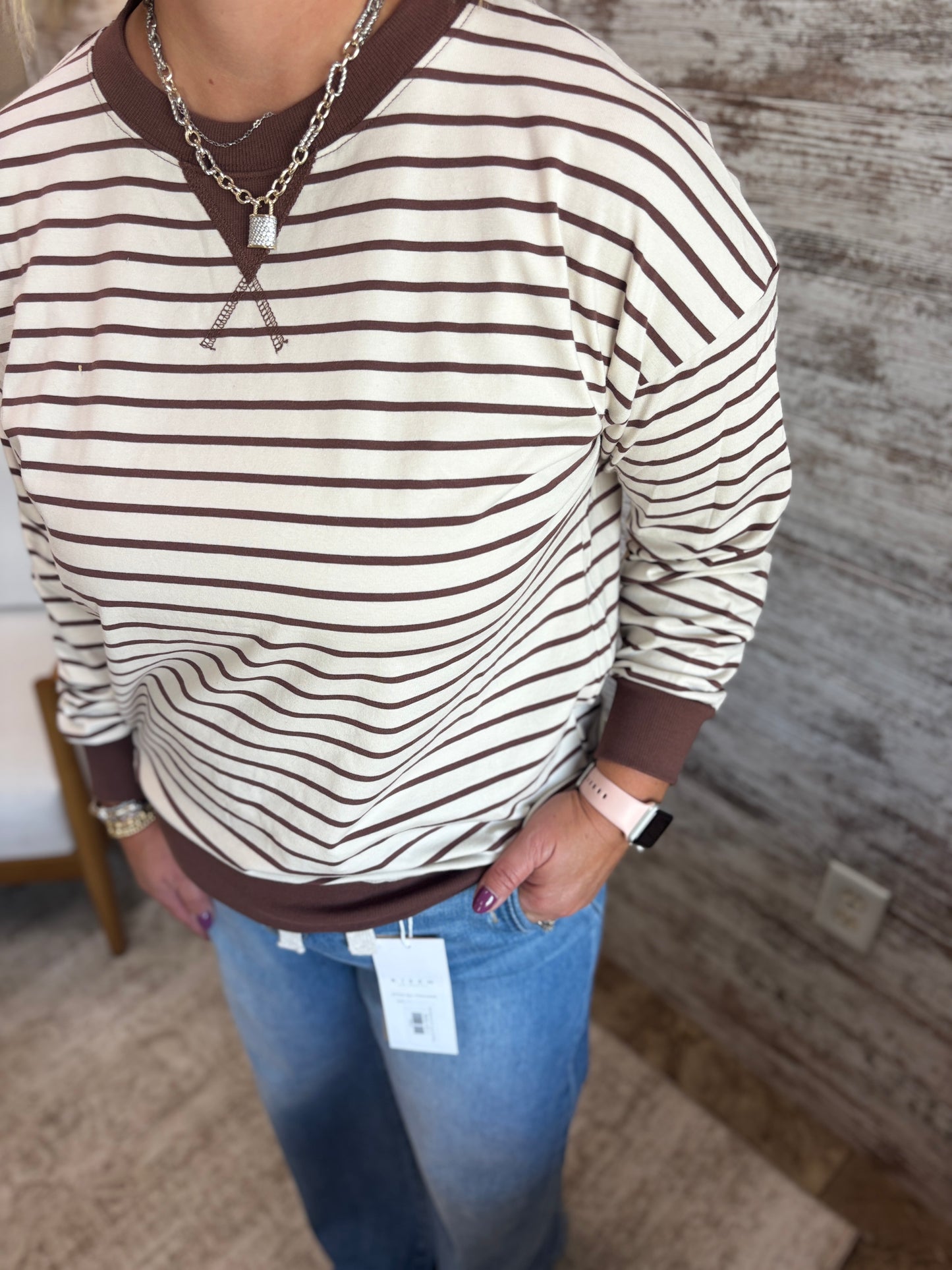 Sand Beige/Brown Striped Crew Neck