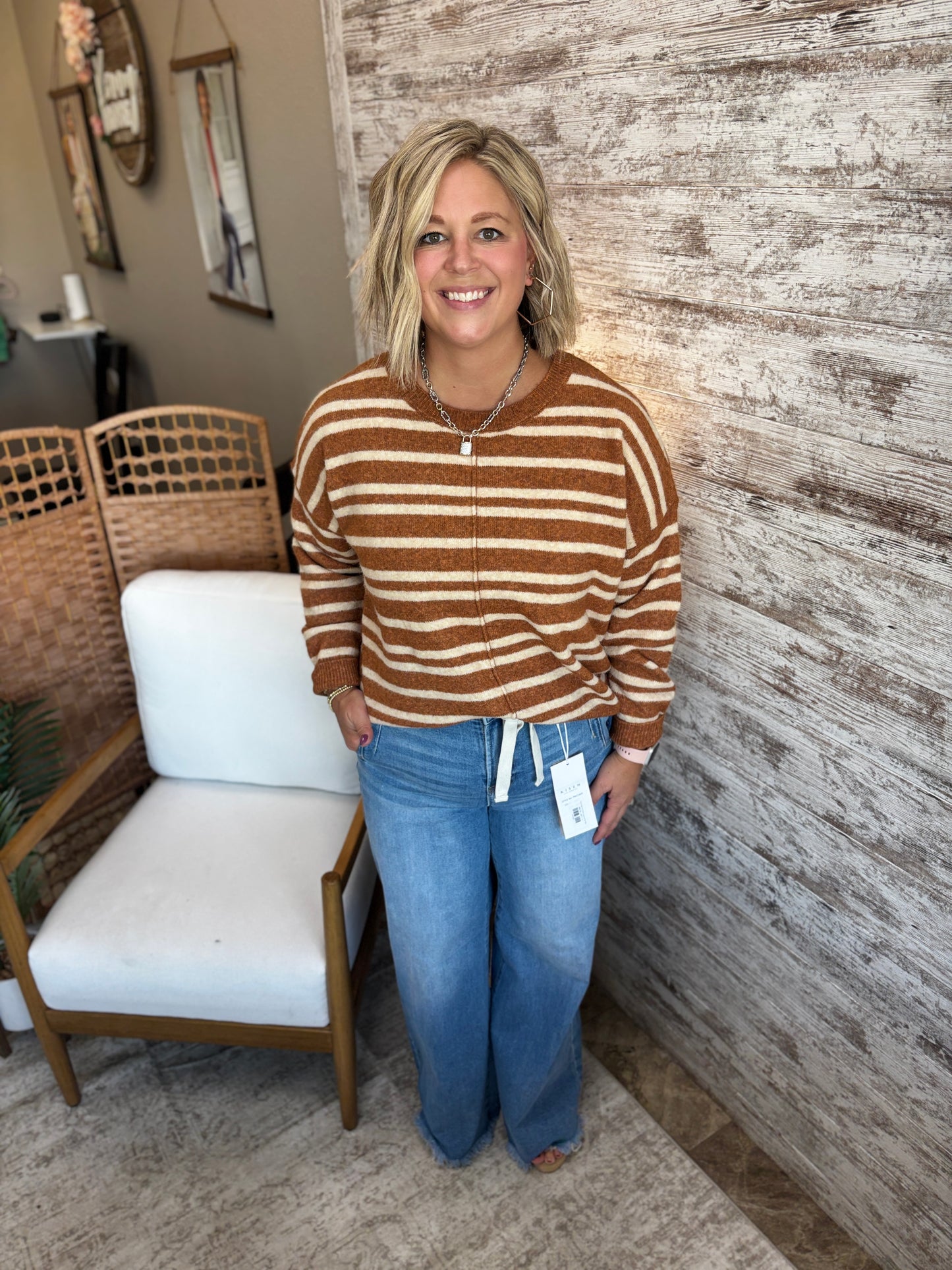 Camel Striped Sweater with Center Seam