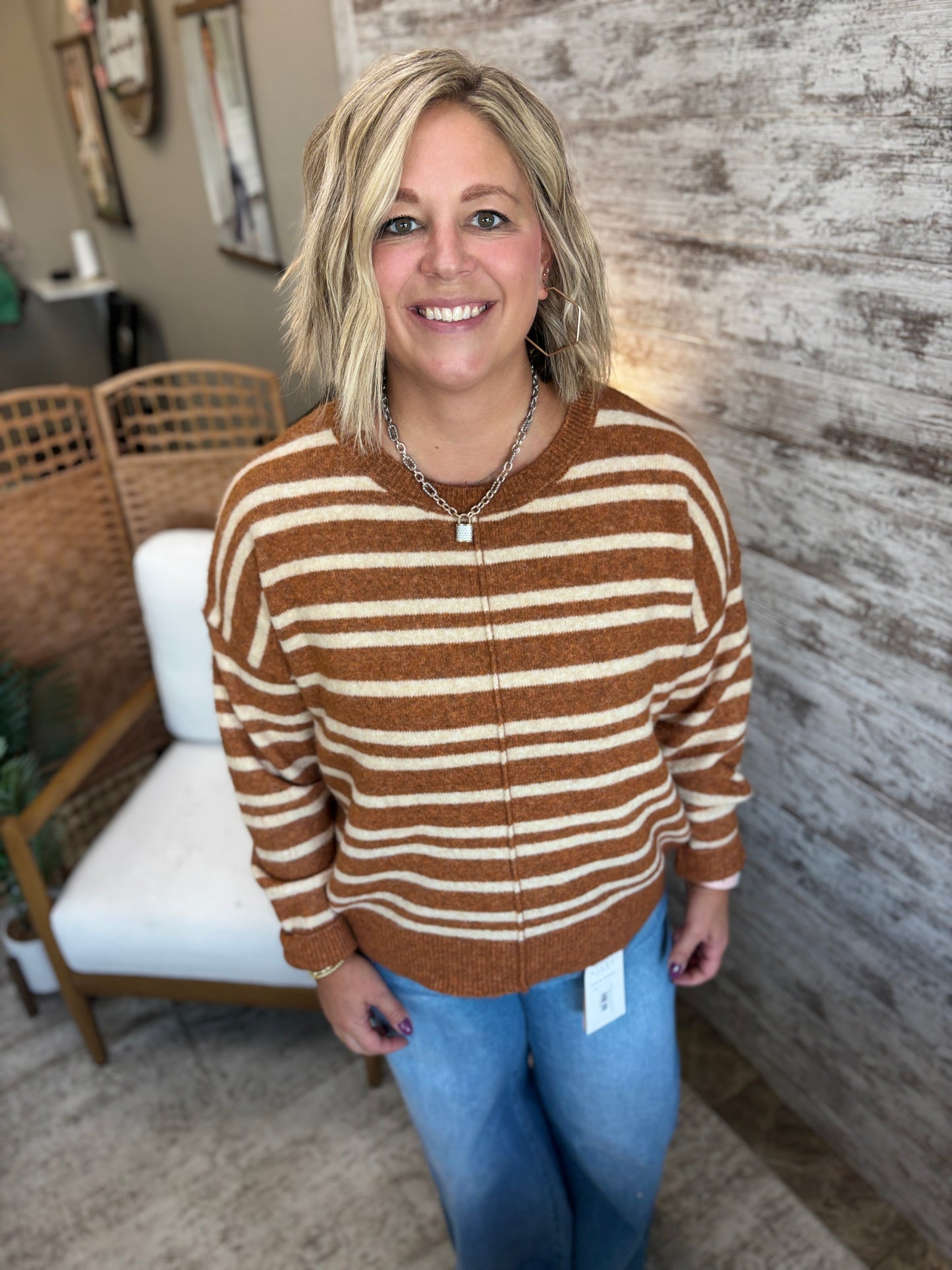 Camel Striped Sweater with Center Seam