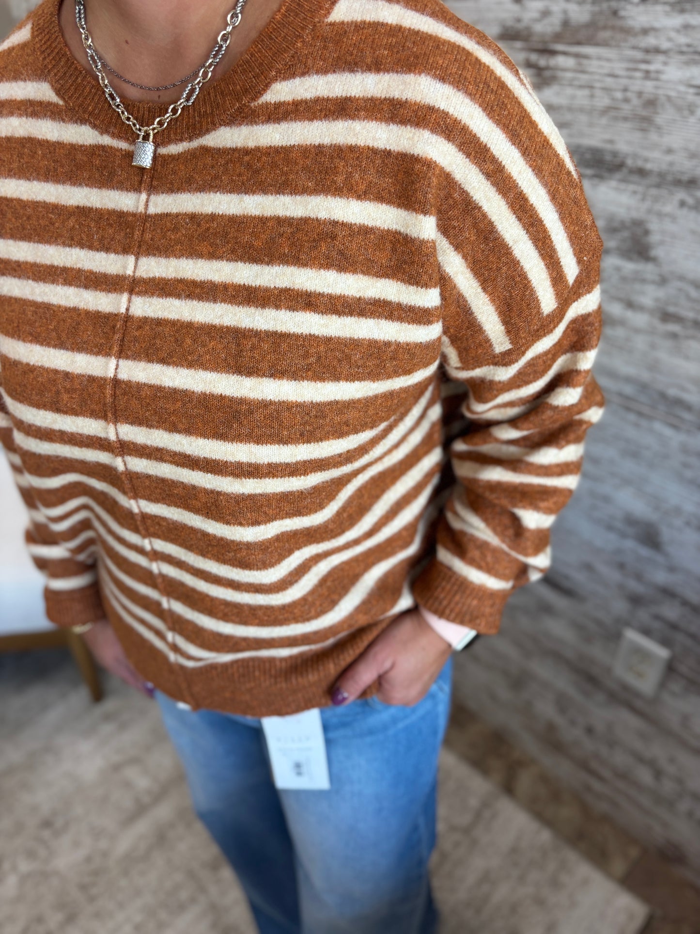 Camel Striped Sweater with Center Seam
