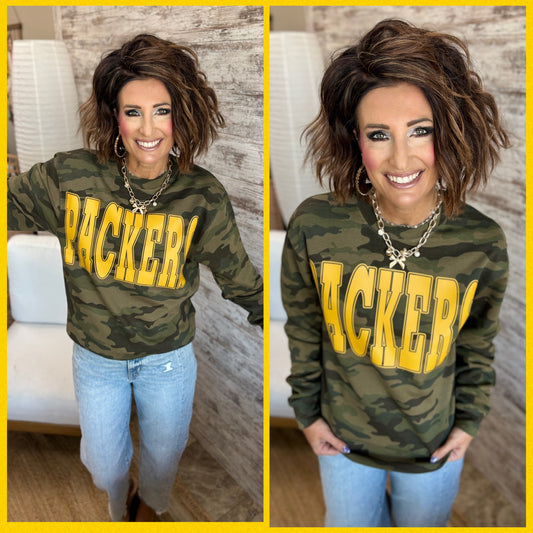 PACKERS Large Sports Print Forest Camo Crewneck **On Sale**