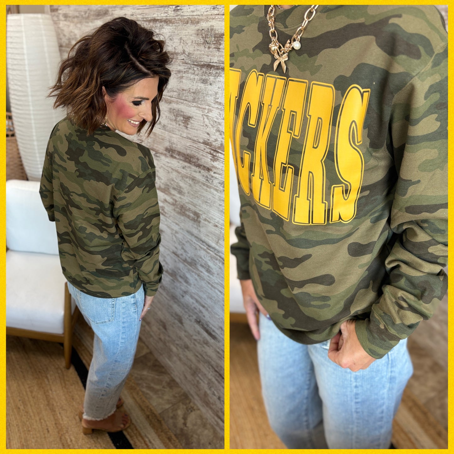 PACKERS Large Sports Print Forest Camo Crewneck