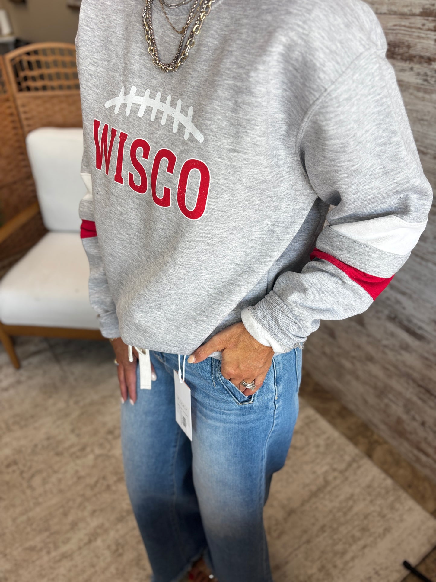 Wisco Varsity Red and White Stripe Pennant Crew~ Unisex