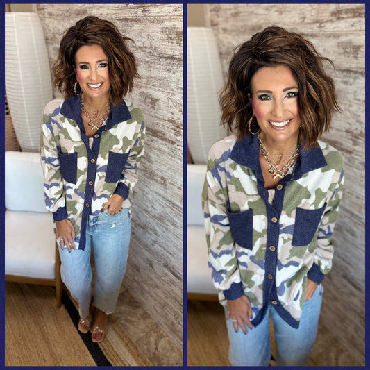 Taupe/Navy Brushed Camo Button Down